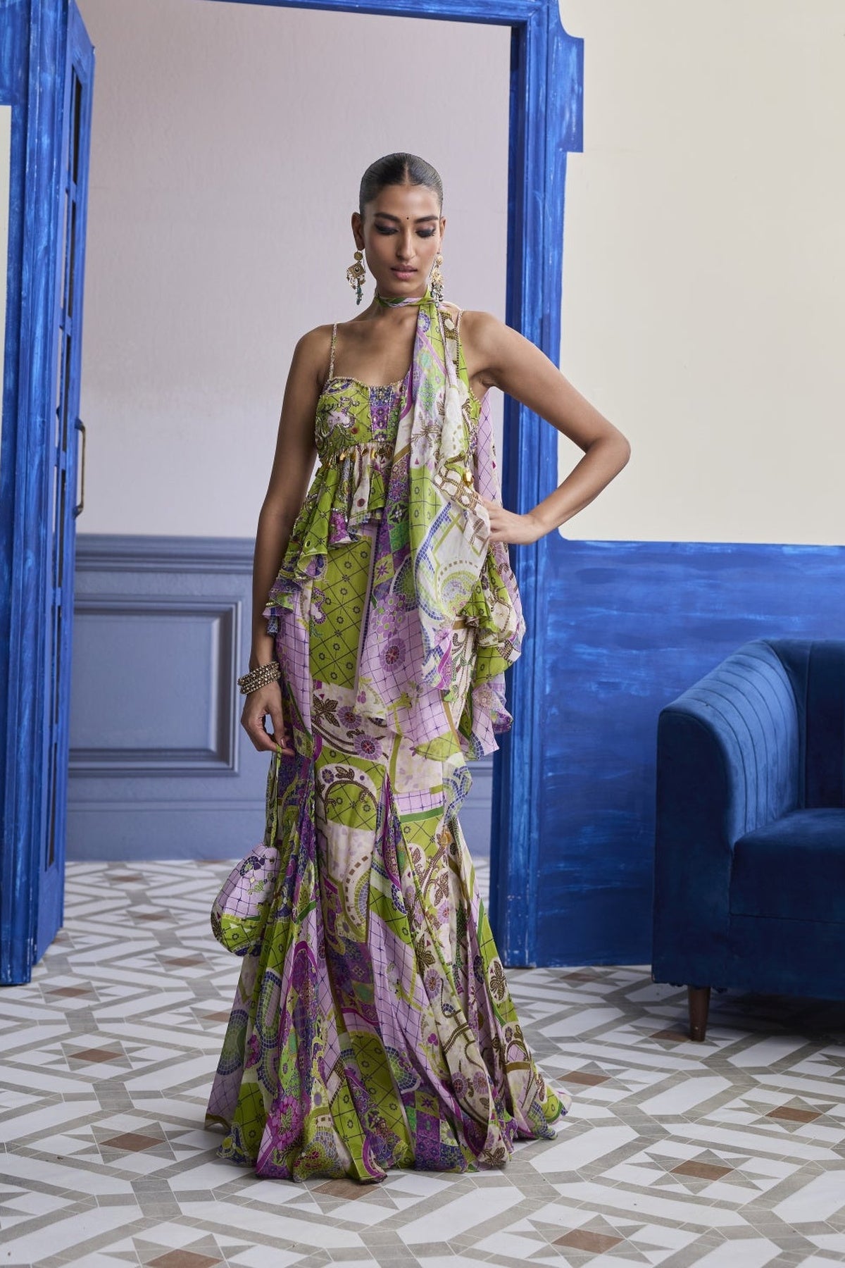 Bubblegum Mosaic Peplum With Godet Mermaid Skirt & Ruffle Scarf Set