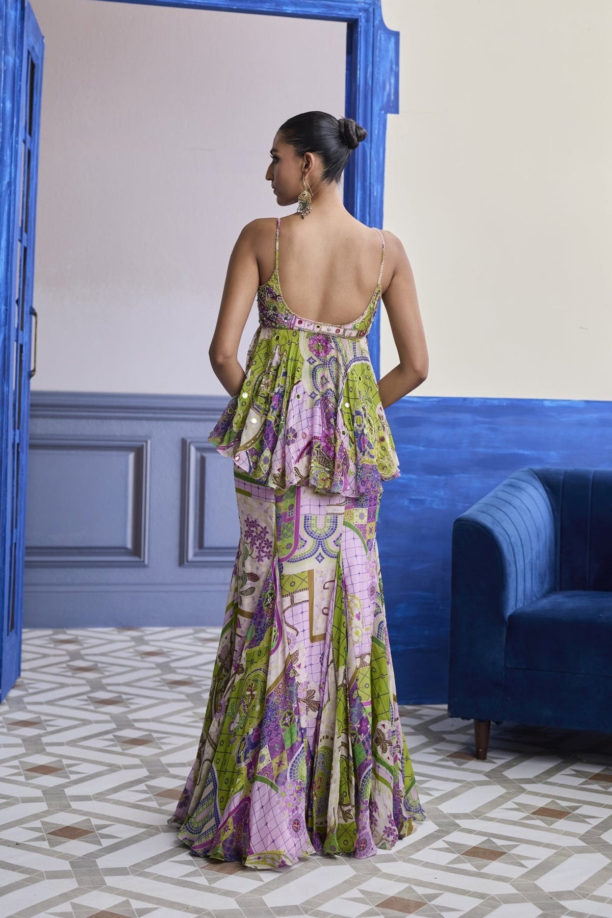 Bubblegum Mosaic Peplum With Godet Mermaid Skirt & Ruffle Scarf Set