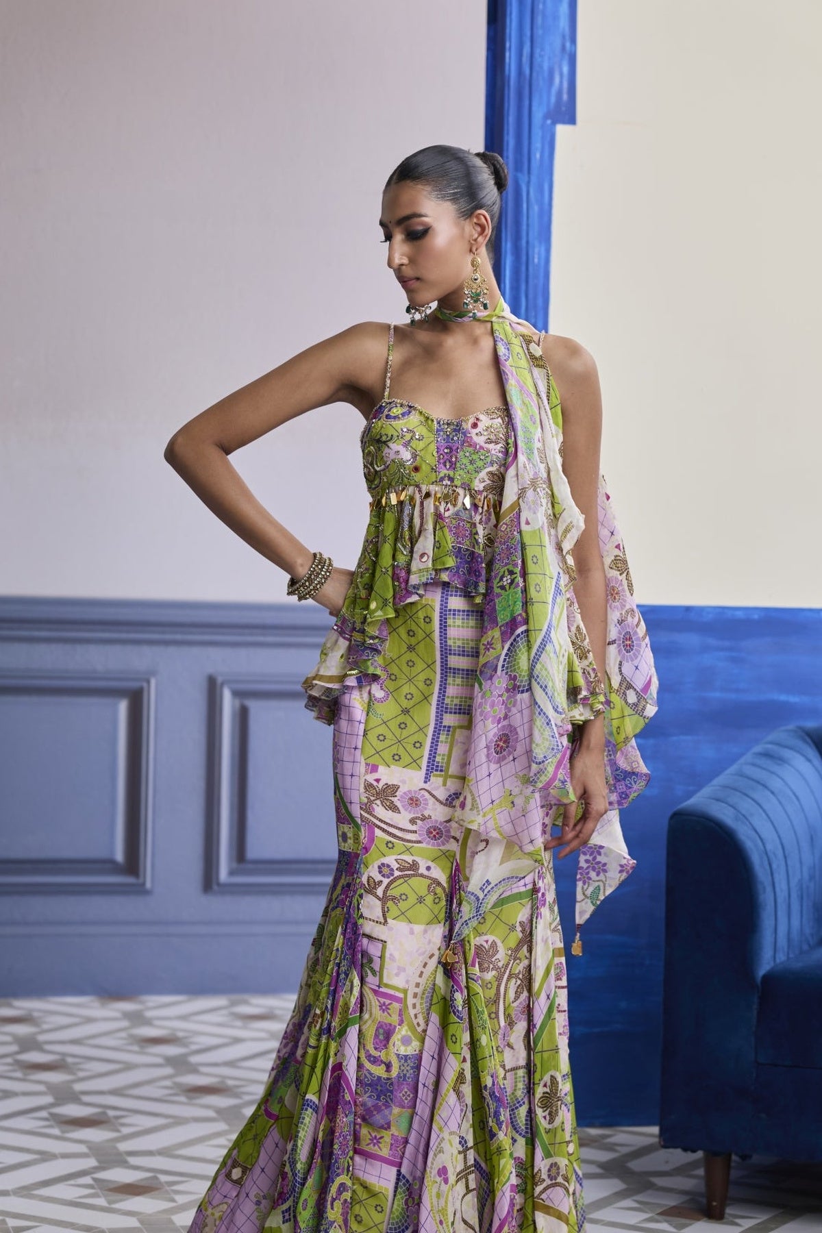 Bubblegum Mosaic Peplum With Godet Mermaid Skirt & Ruffle Scarf Set