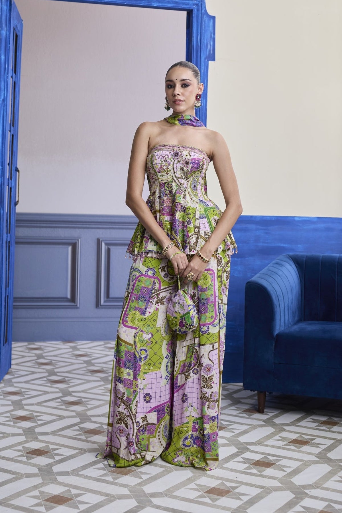 Bubblegum Mosaic Peplum Kurti With Box-Pleat Pants & Draped Dupatta Set
