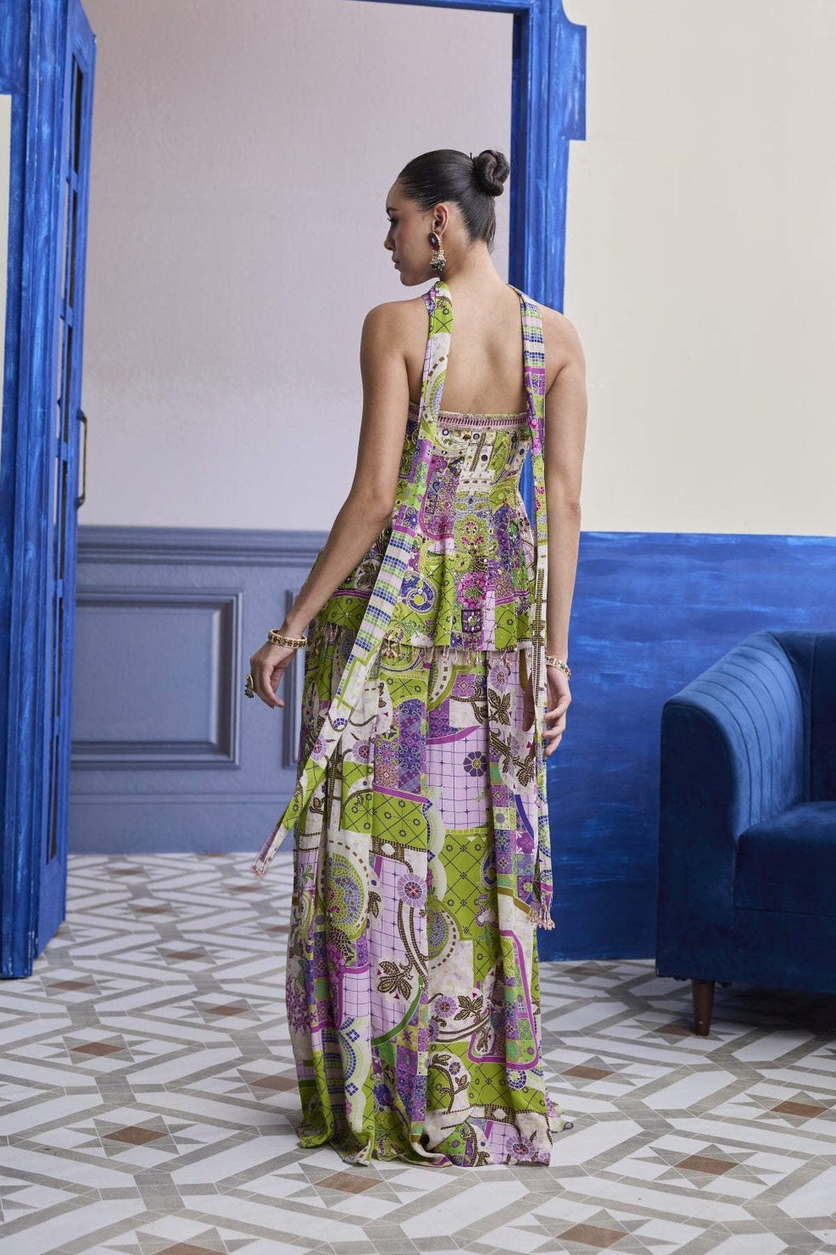 Bubblegum Mosaic Peplum Kurti With Box-Pleat Pants & Draped Dupatta Set