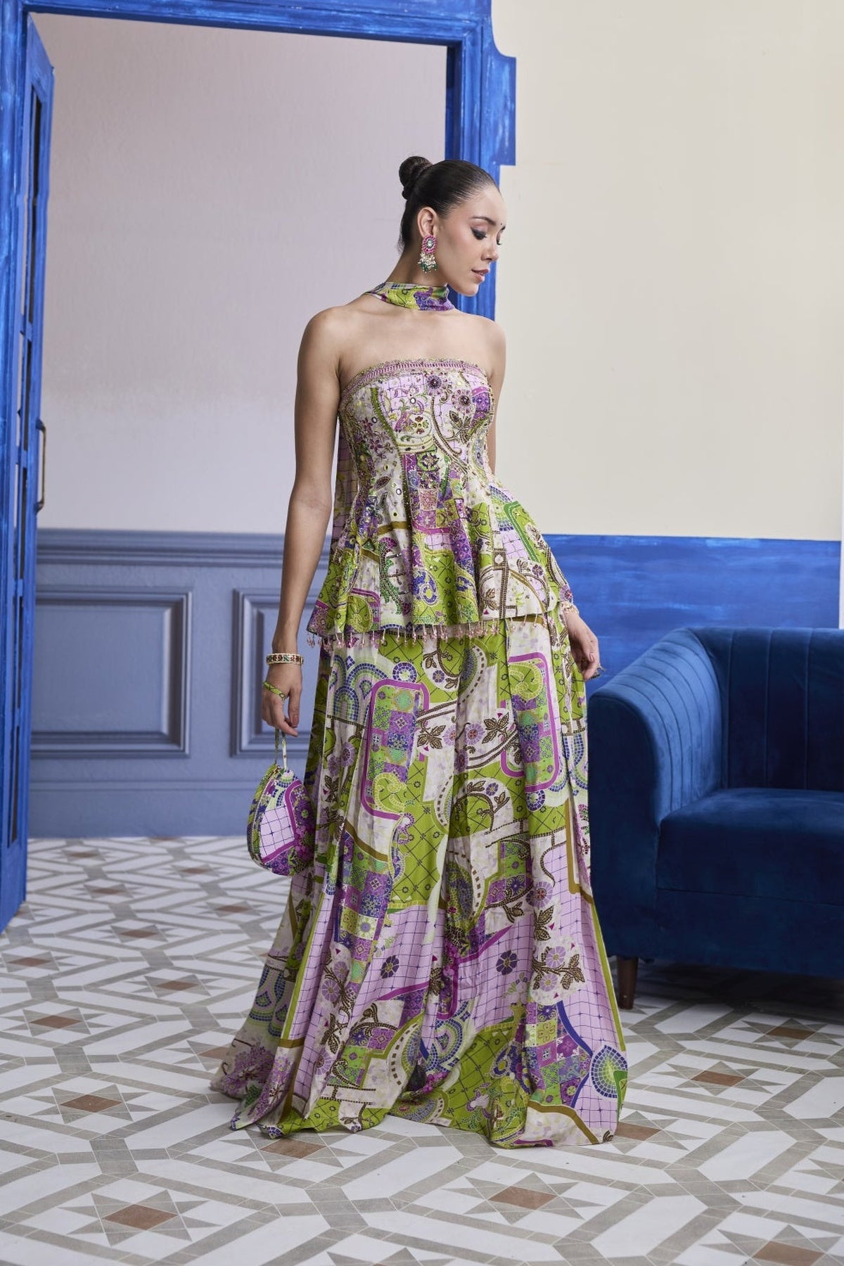 Bubblegum Mosaic Peplum Kurti With Box-Pleat Pants & Draped Dupatta Set