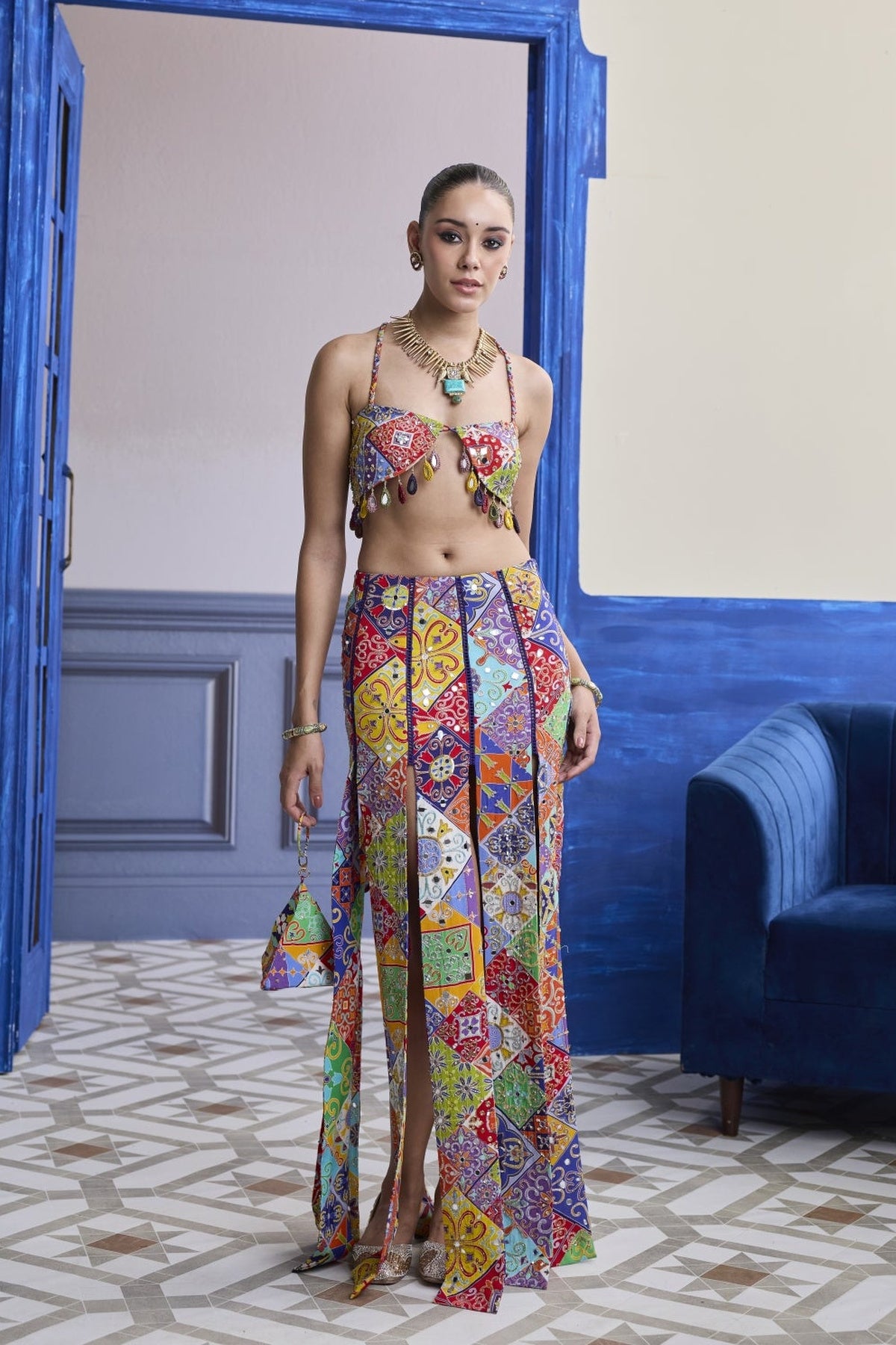 Multicolour Mosaic Crop Blouse With Mirror Tassels & Panelled Skirt Set