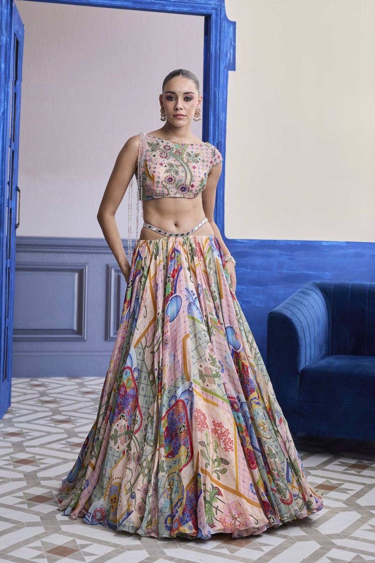 Blush Pink Mosaic Asymmetric Blouse With Tassels & Printed Skirt Set