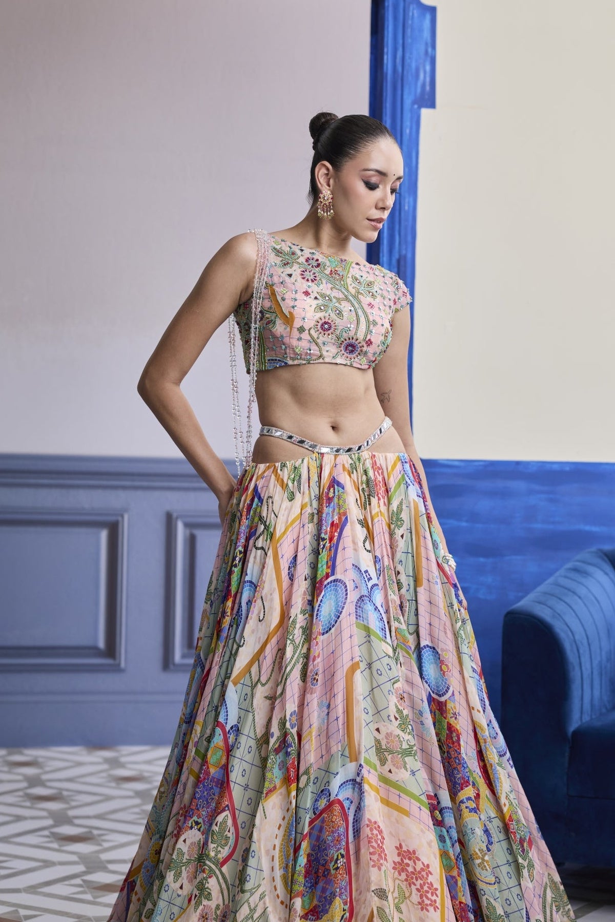 Blush Pink Mosaic Asymmetric Blouse With Tassels & Printed Skirt Set