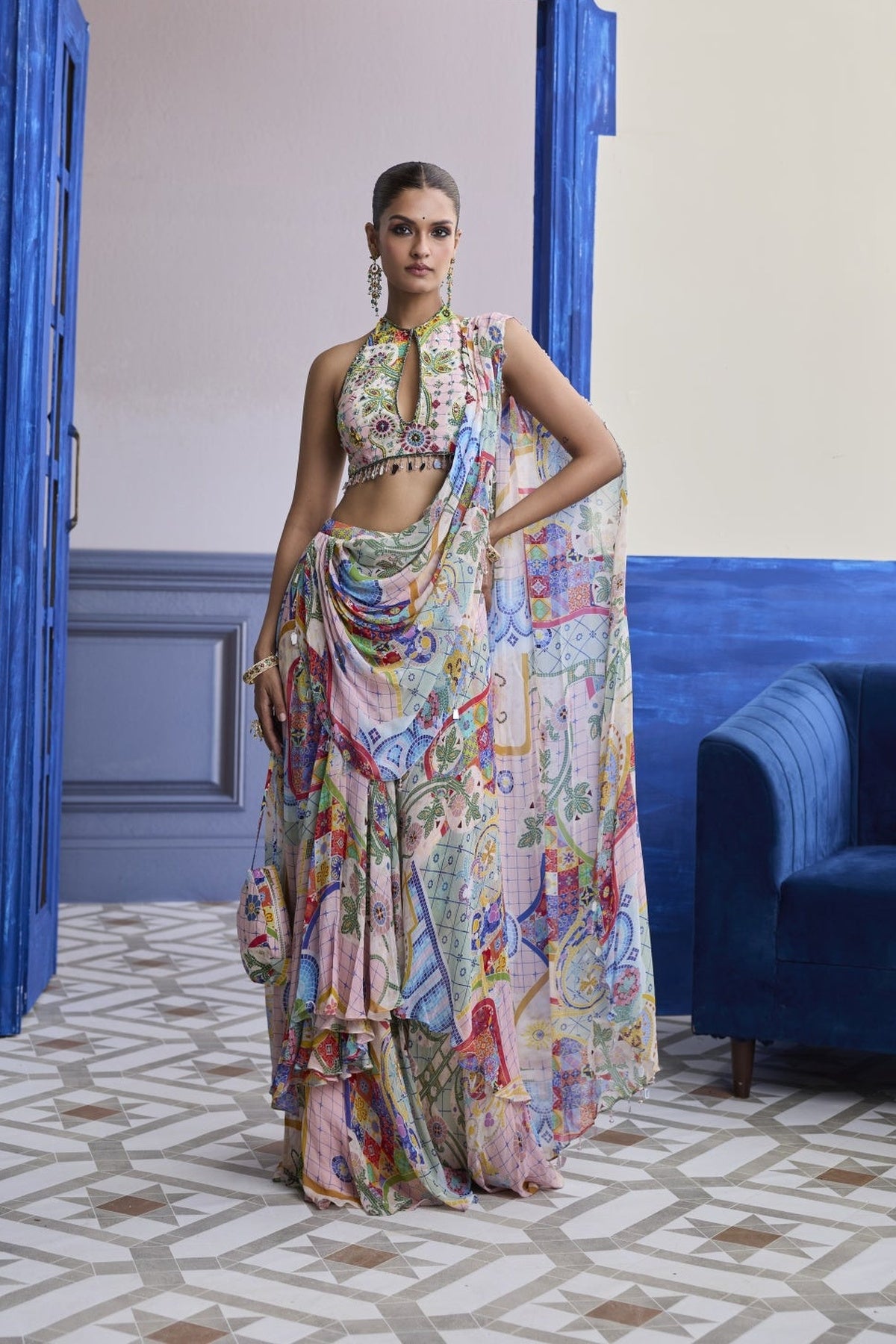 Blush Pink Mosaic Halter Blouse With Draped Cowl Skirt Saree Set