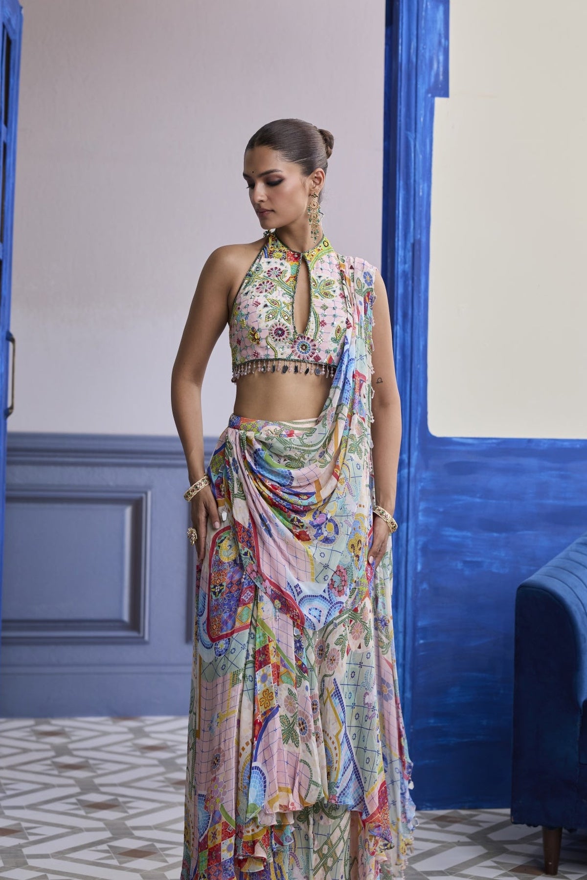 Blush Pink Mosaic Halter Blouse With Draped Cowl Skirt Saree Set