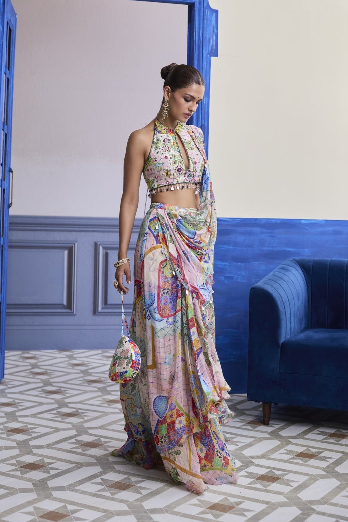 Blush Pink Mosaic Halter Blouse With Draped Cowl Skirt Saree Set