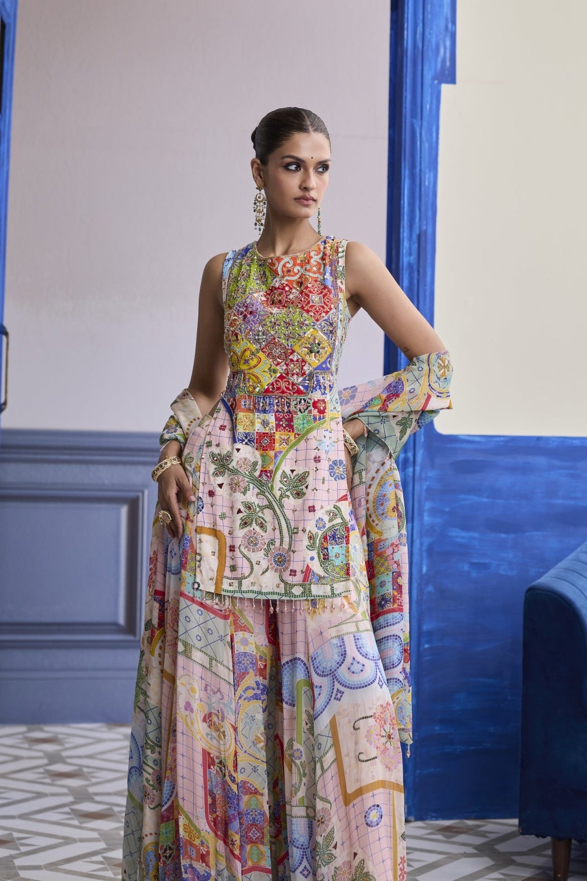 Blush Pink Mosaic Kurti With Flared Sharara & Dupatta Set
