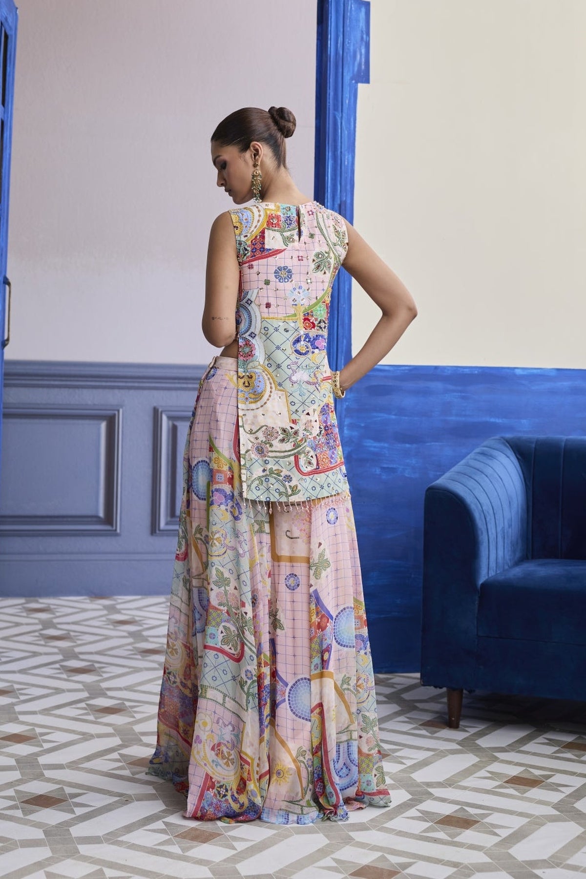 Blush Pink Mosaic Kurti With Flared Sharara & Dupatta Set