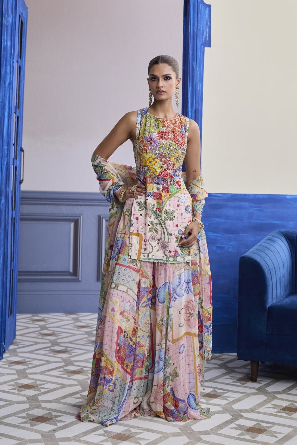 Blush Pink Mosaic Kurti With Flared Sharara & Dupatta Set