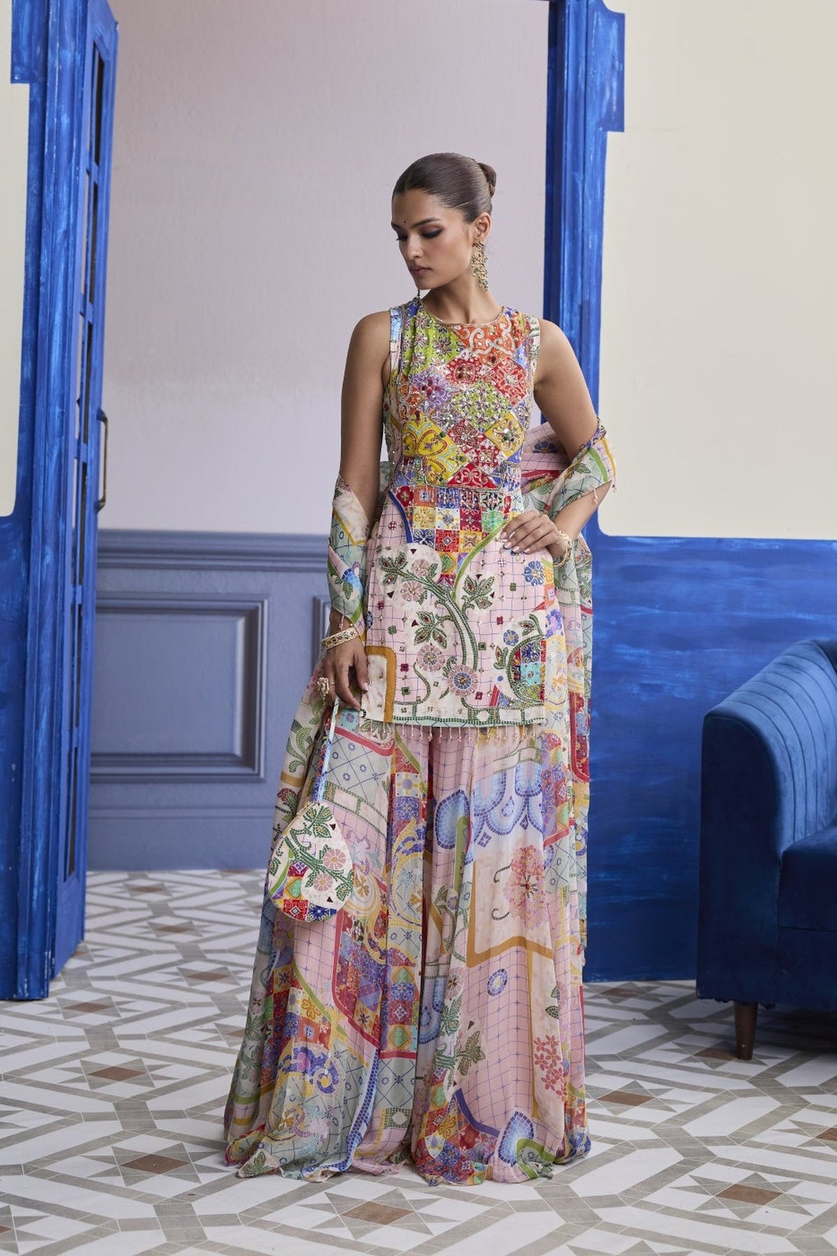 Blush Pink Mosaic Kurti With Flared Sharara & Dupatta Set