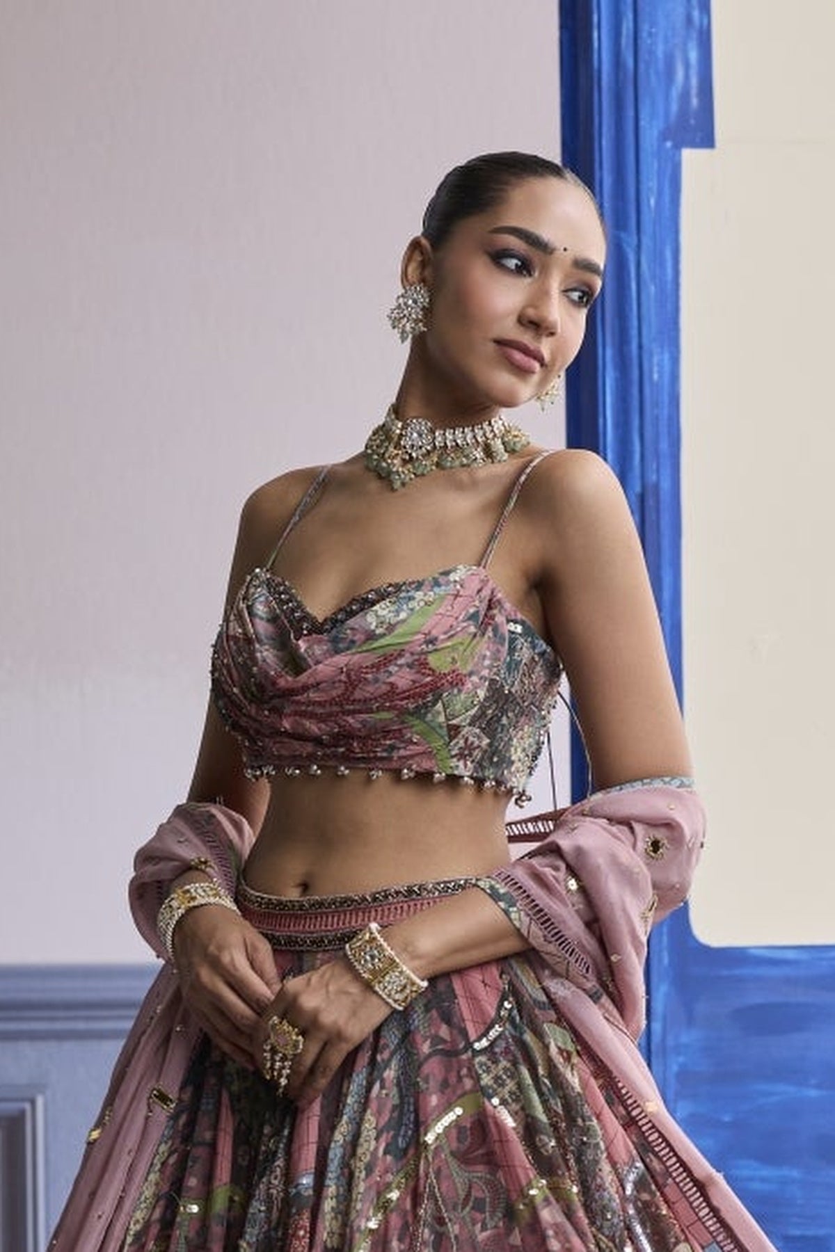 Dusk Pink Highlighted Blouse With Lehenga & Embroidered Dupatta Set