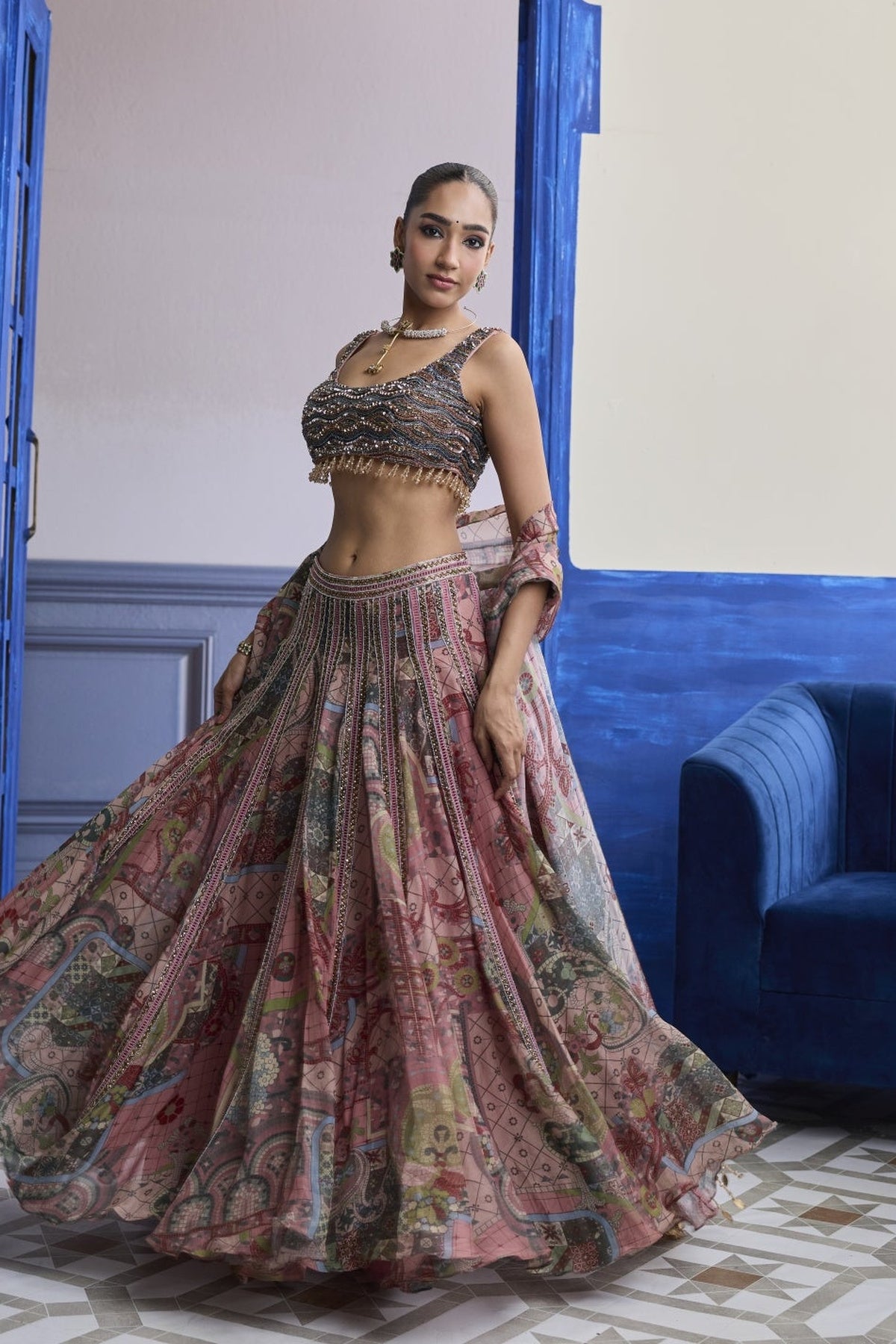 Dusk Pink Embroidered Blouse With Lace Lehenga & Tassel Dupatta Set