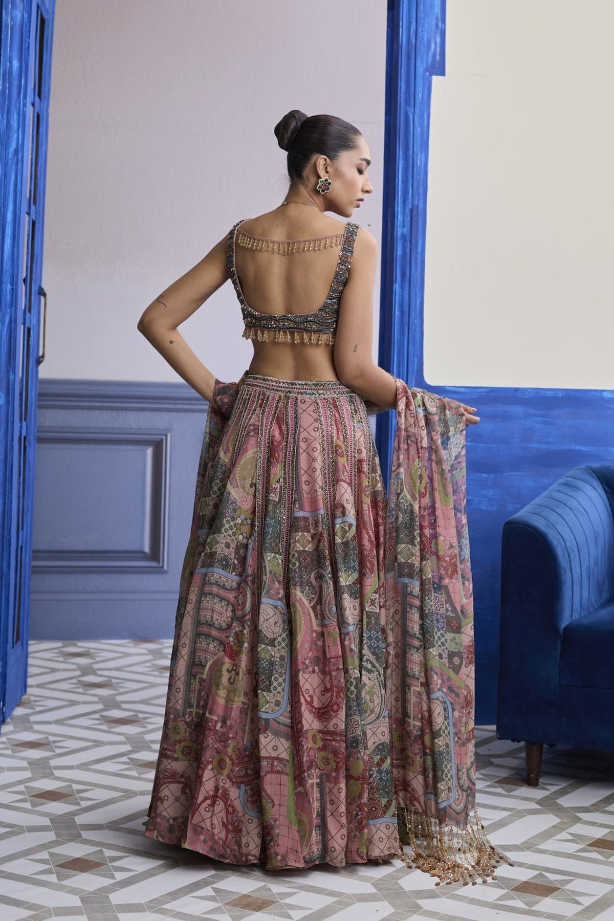 Dusk Pink Embroidered Blouse With Lace Lehenga & Tassel Dupatta Set