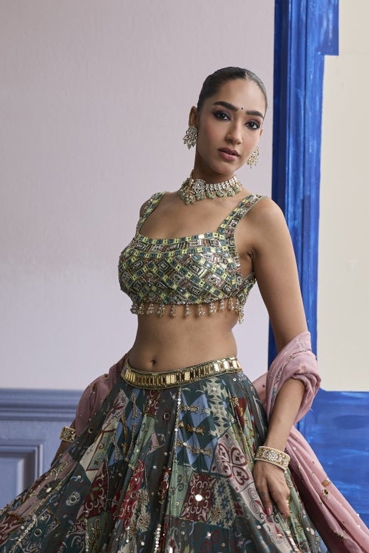 Green Mirror Embroidered Blouse With Forest Green Lehenga & Embroidered Dupatta Set