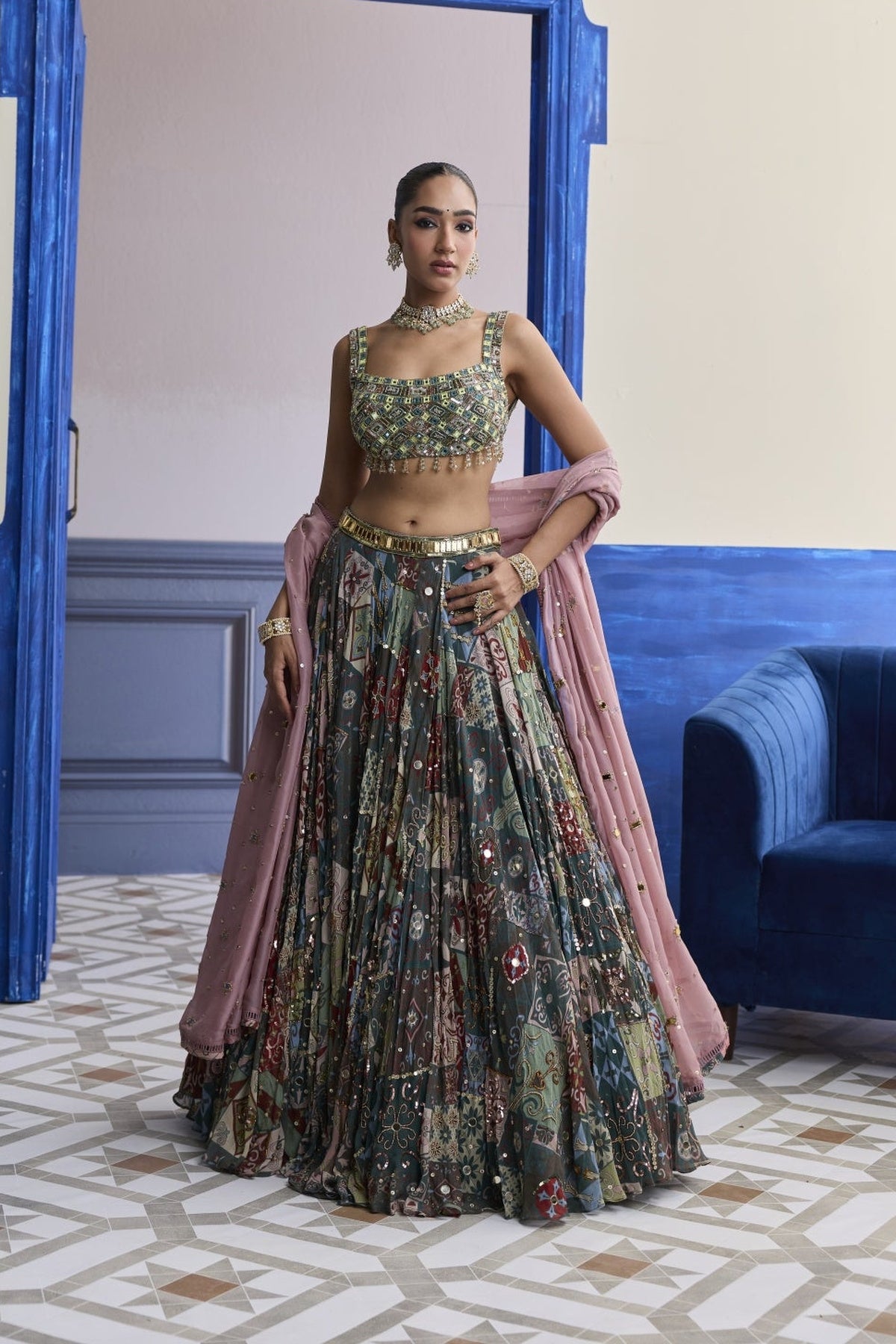 Green Mirror Embroidered Blouse With Forest Green Lehenga & Embroidered Dupatta Set