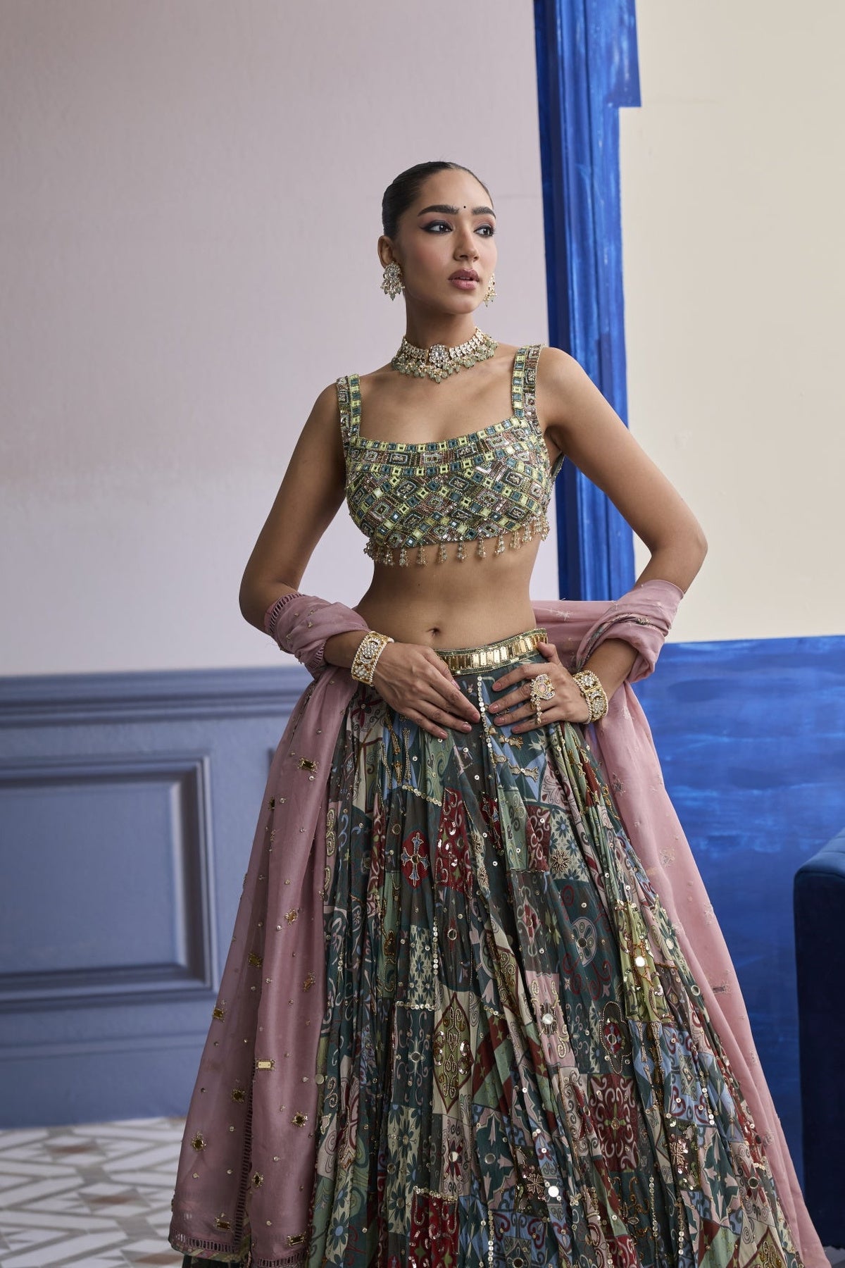 Green Mirror Embroidered Blouse With Forest Green Lehenga & Embroidered Dupatta Set
