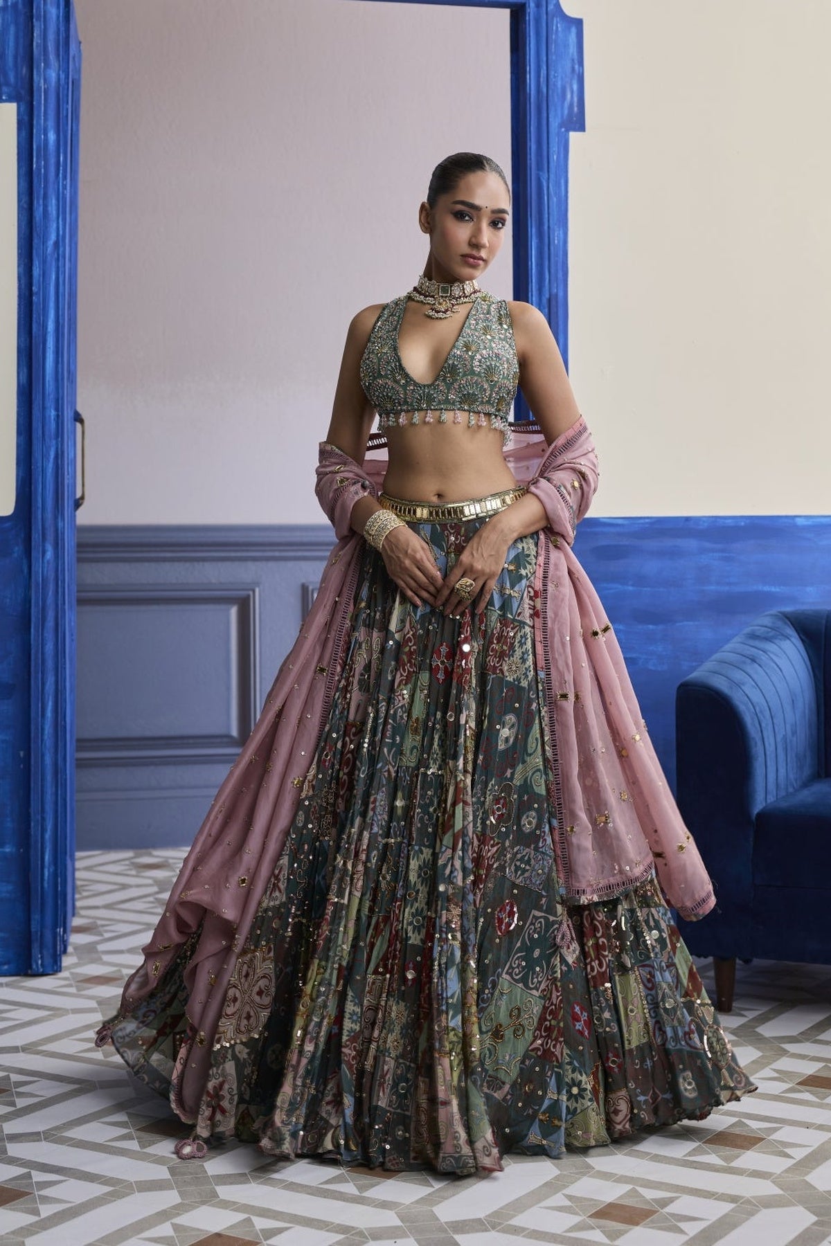 Forest Green Butta Blouse With Highlighted Lehenga & Embroidered Dupatta Set