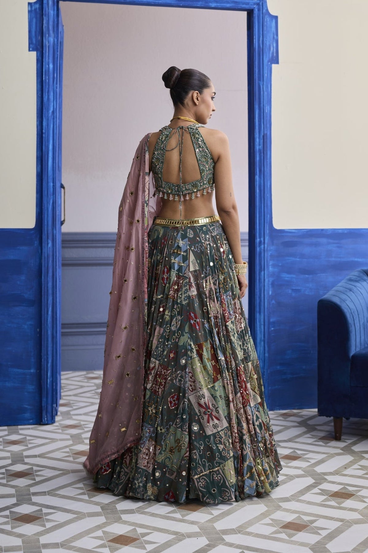 Forest Green Butta Blouse With Highlighted Lehenga & Embroidered Dupatta Set