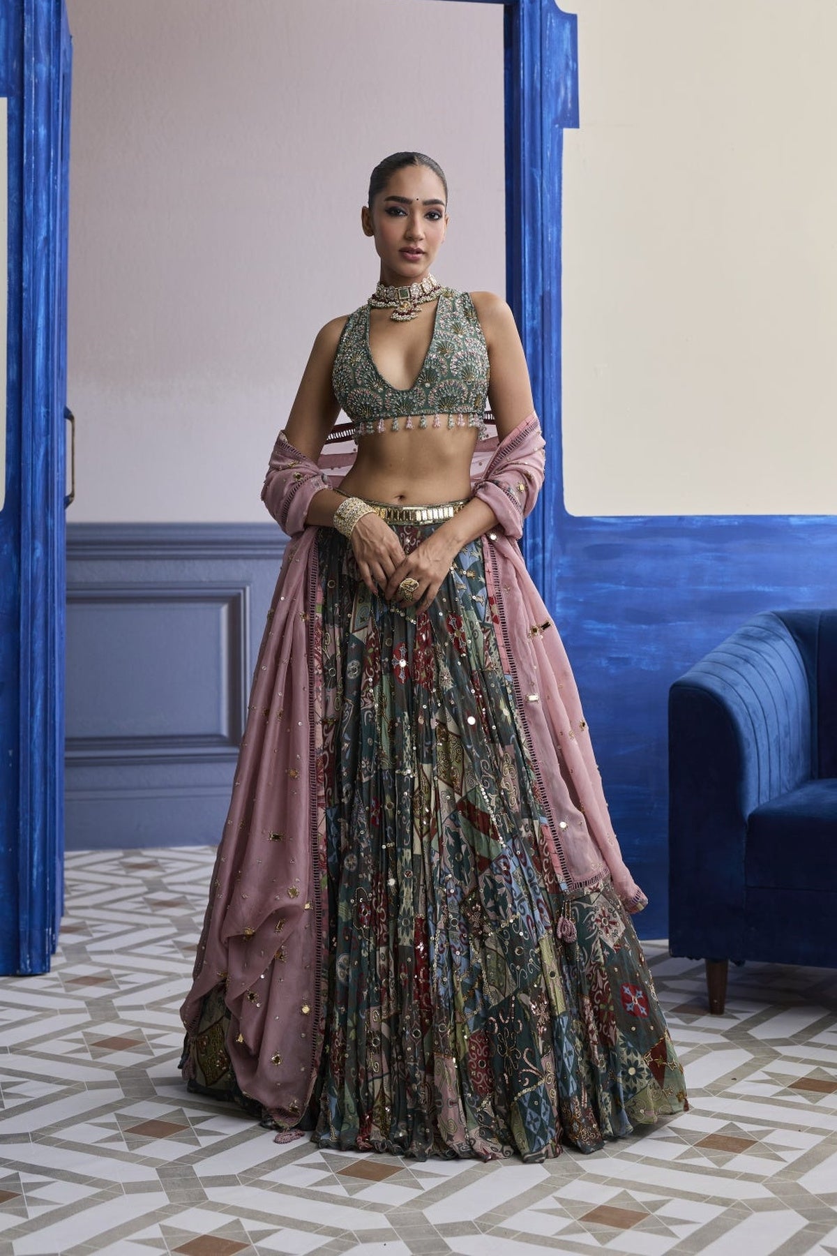 Forest Green Butta Blouse With Highlighted Lehenga & Embroidered Dupatta Set