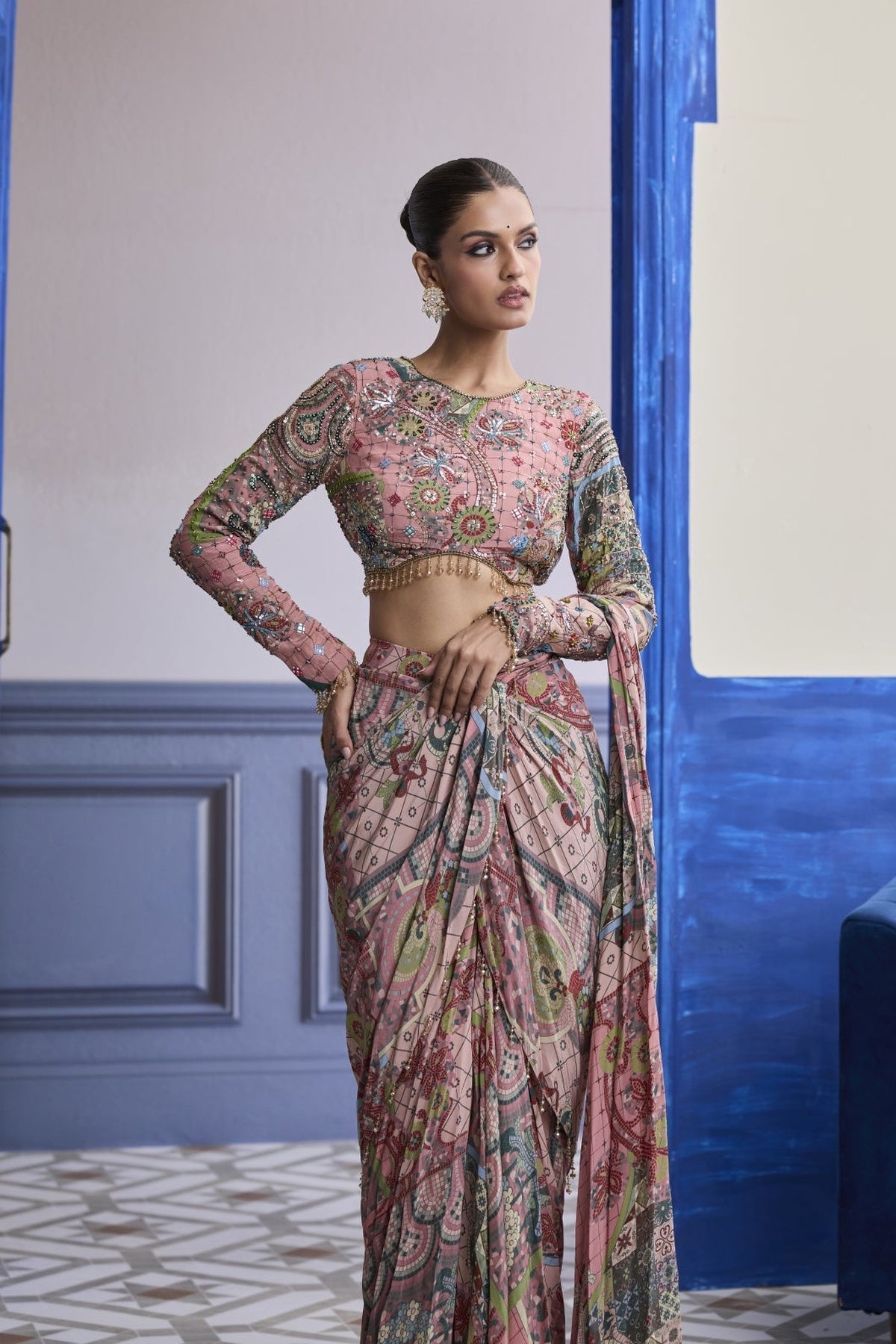 Dusk Pink Highlighted Blouse With Coordinated Printed Dhoti Saree Set
