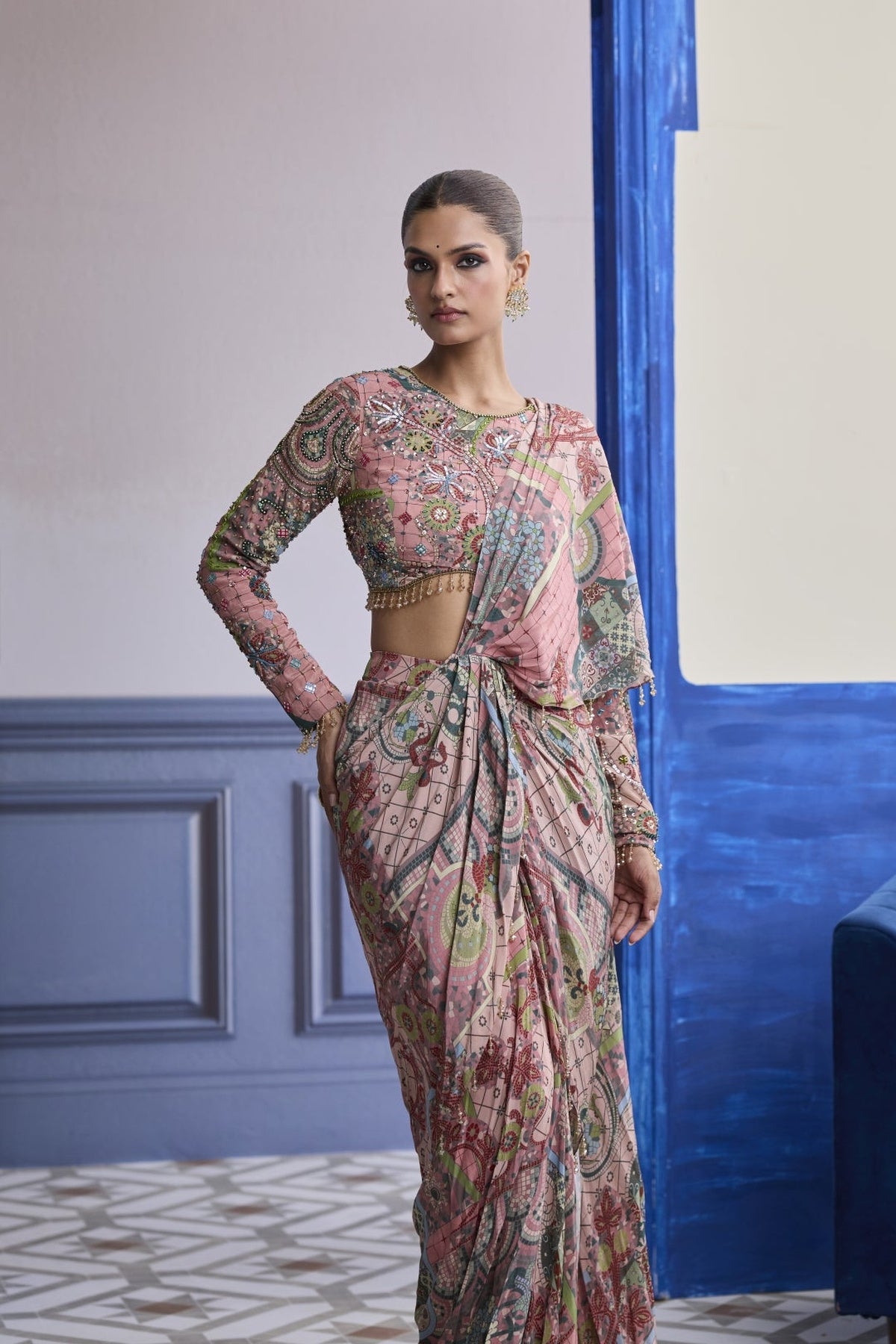Dusk Pink Highlighted Blouse With Coordinated Printed Dhoti Saree Set