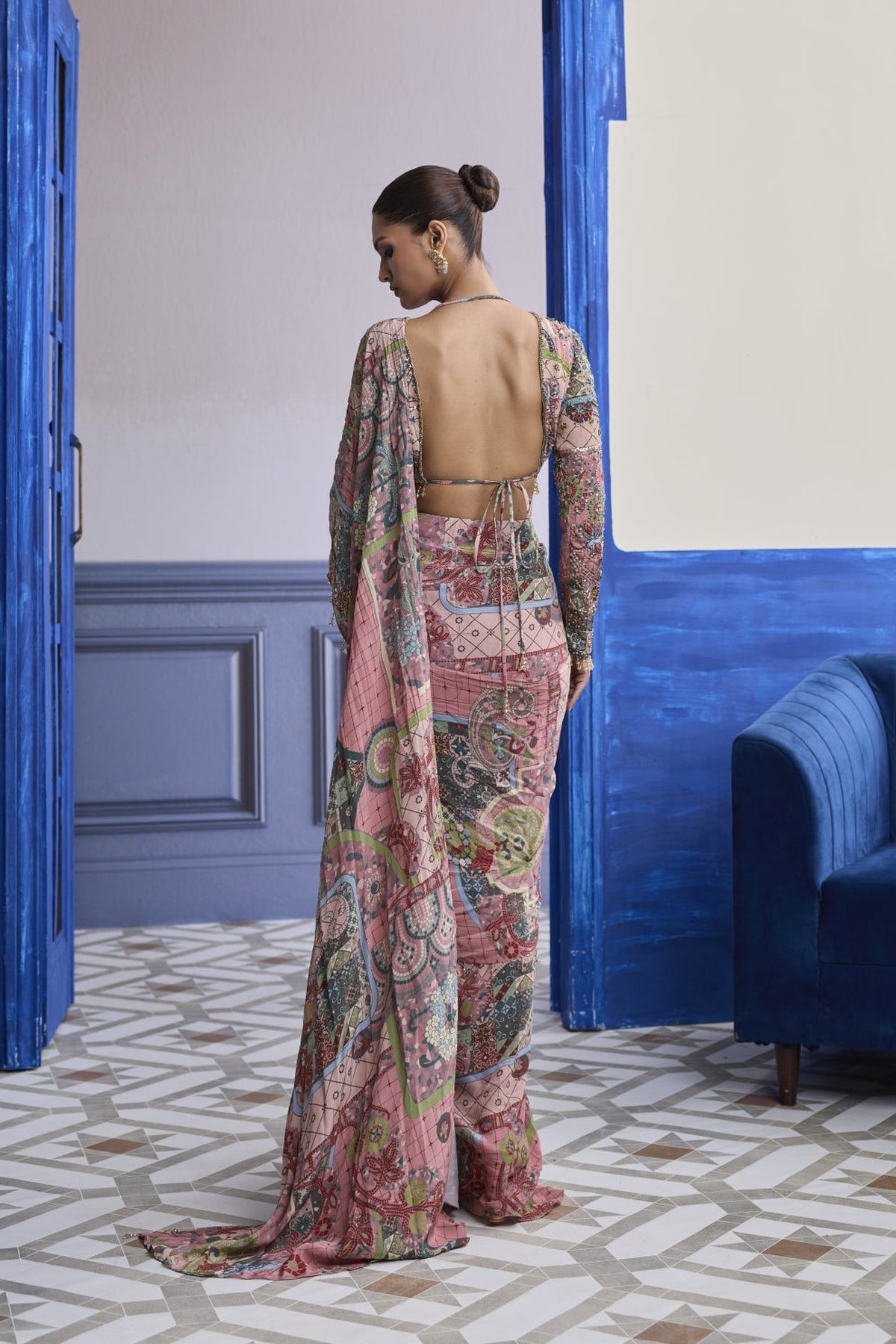Dusk Pink Highlighted Blouse With Coordinated Printed Dhoti Saree Set