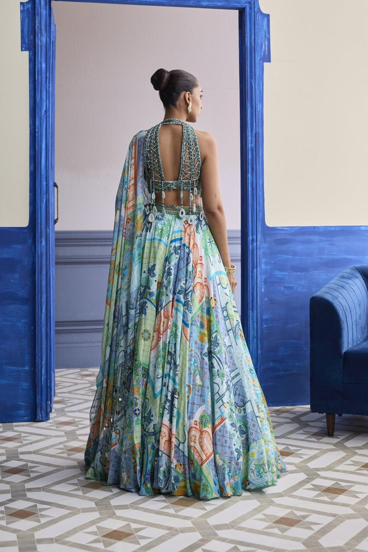 Aqua Blue Embroidered Blouse With Printed Lehenga & Tassel Dupatta Set
