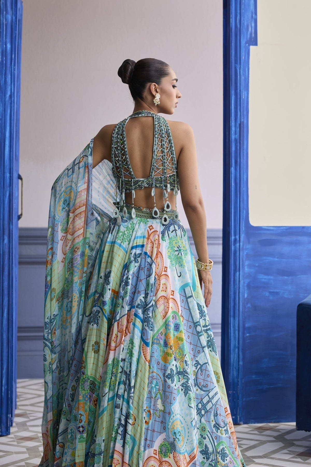 Aqua Blue Embroidered Blouse With Printed Lehenga & Tassel Dupatta Set