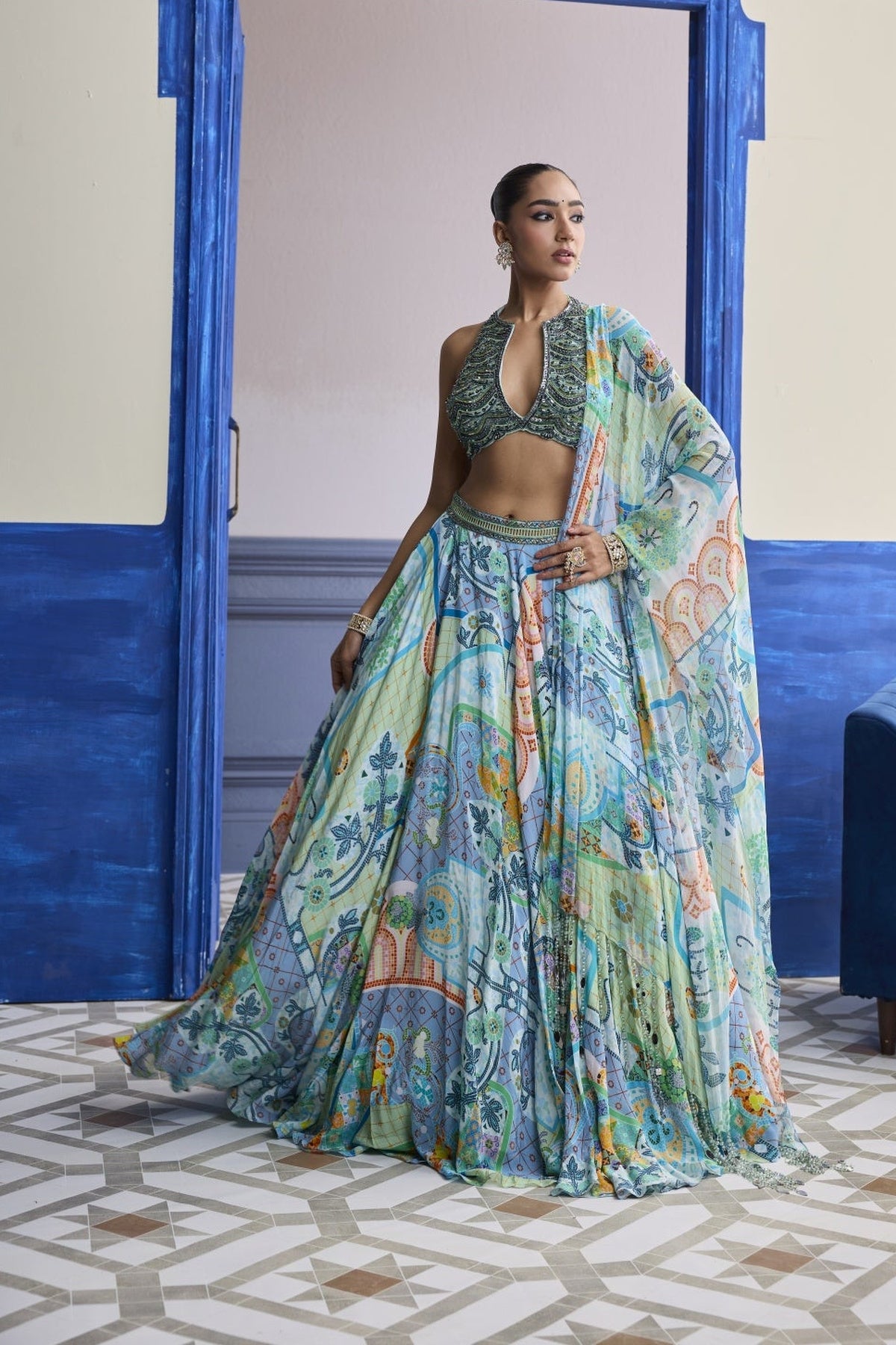 Aqua Blue Embroidered Blouse With Printed Lehenga & Tassel Dupatta Set
