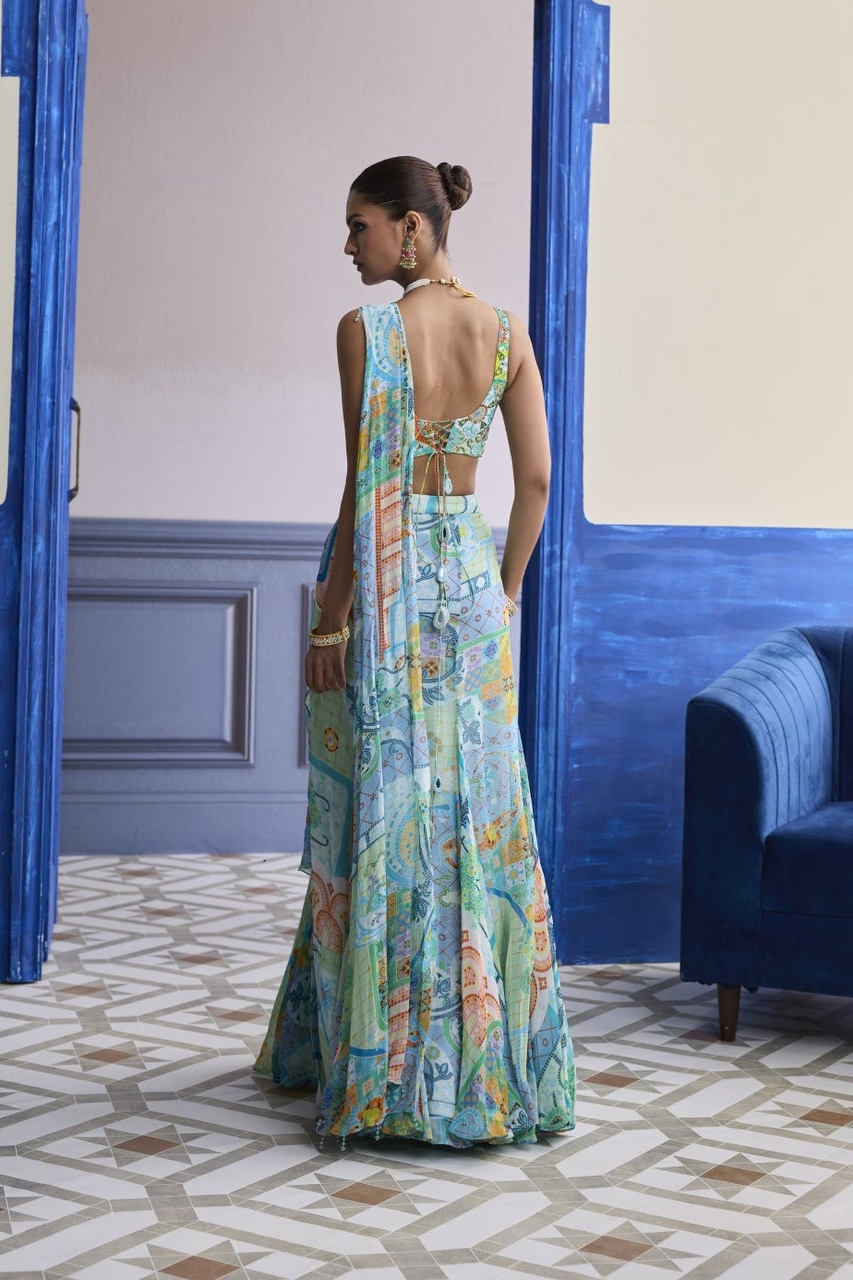 Aqua Blue Mosaic Blouse With Ruffle Slit Skirt Saree Set