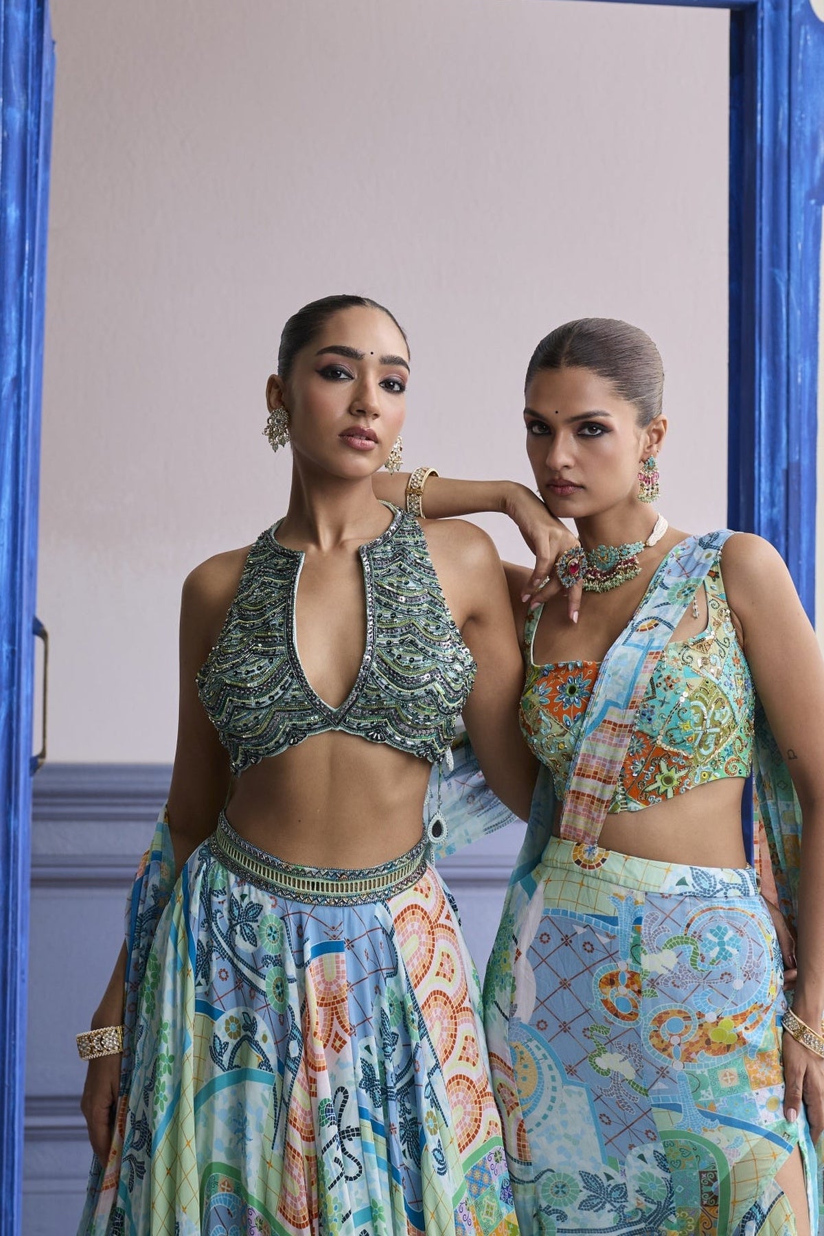 Aqua Blue Mosaic Blouse With Ruffle Slit Skirt Saree Set