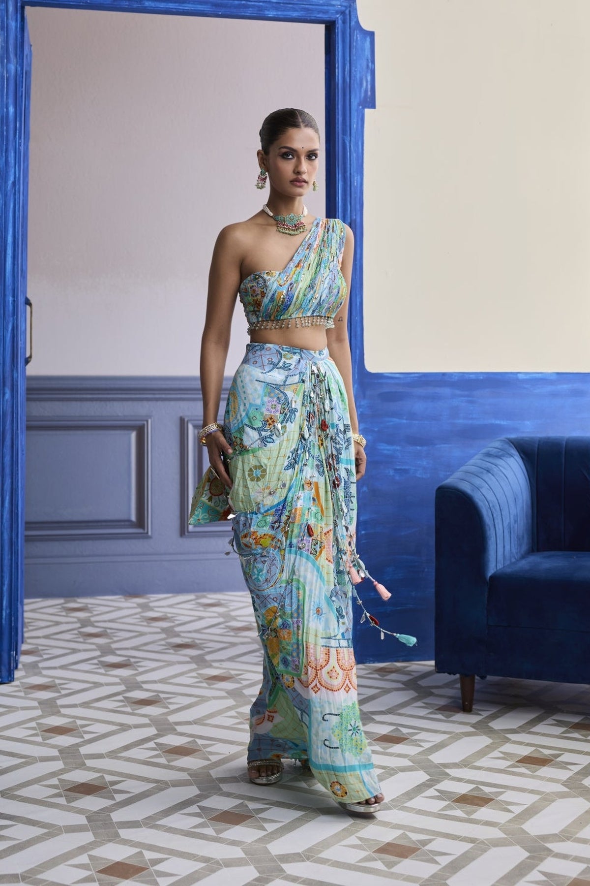 Aqua Blue Mosaic One-Shoulder Blouse With Cowl Dhoti Skirt Set