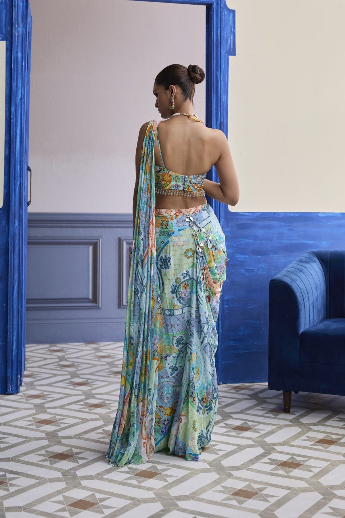 Aqua Blue Mosaic One-Shoulder Blouse With Cowl Dhoti Skirt Set