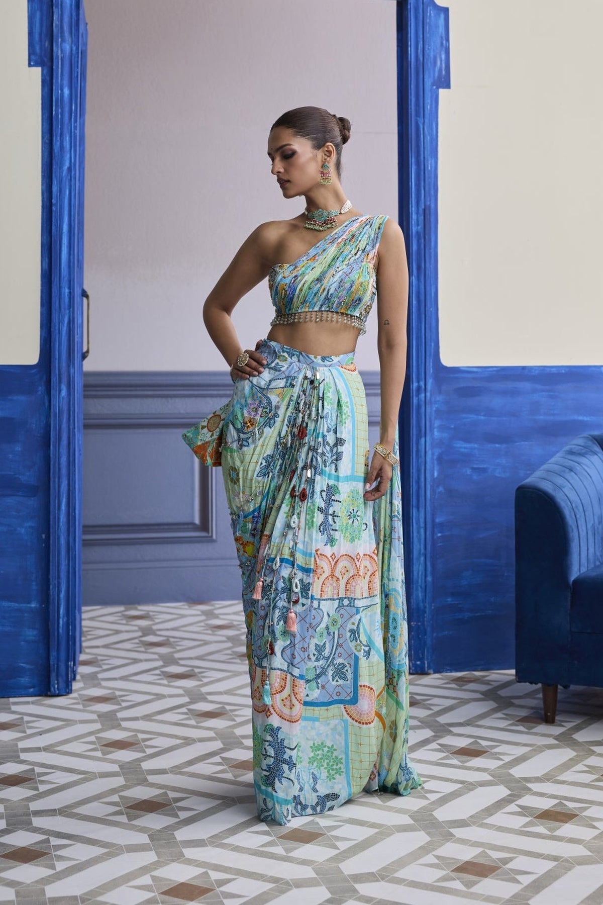 Aqua Blue Mosaic One-Shoulder Blouse With Cowl Dhoti Skirt Set