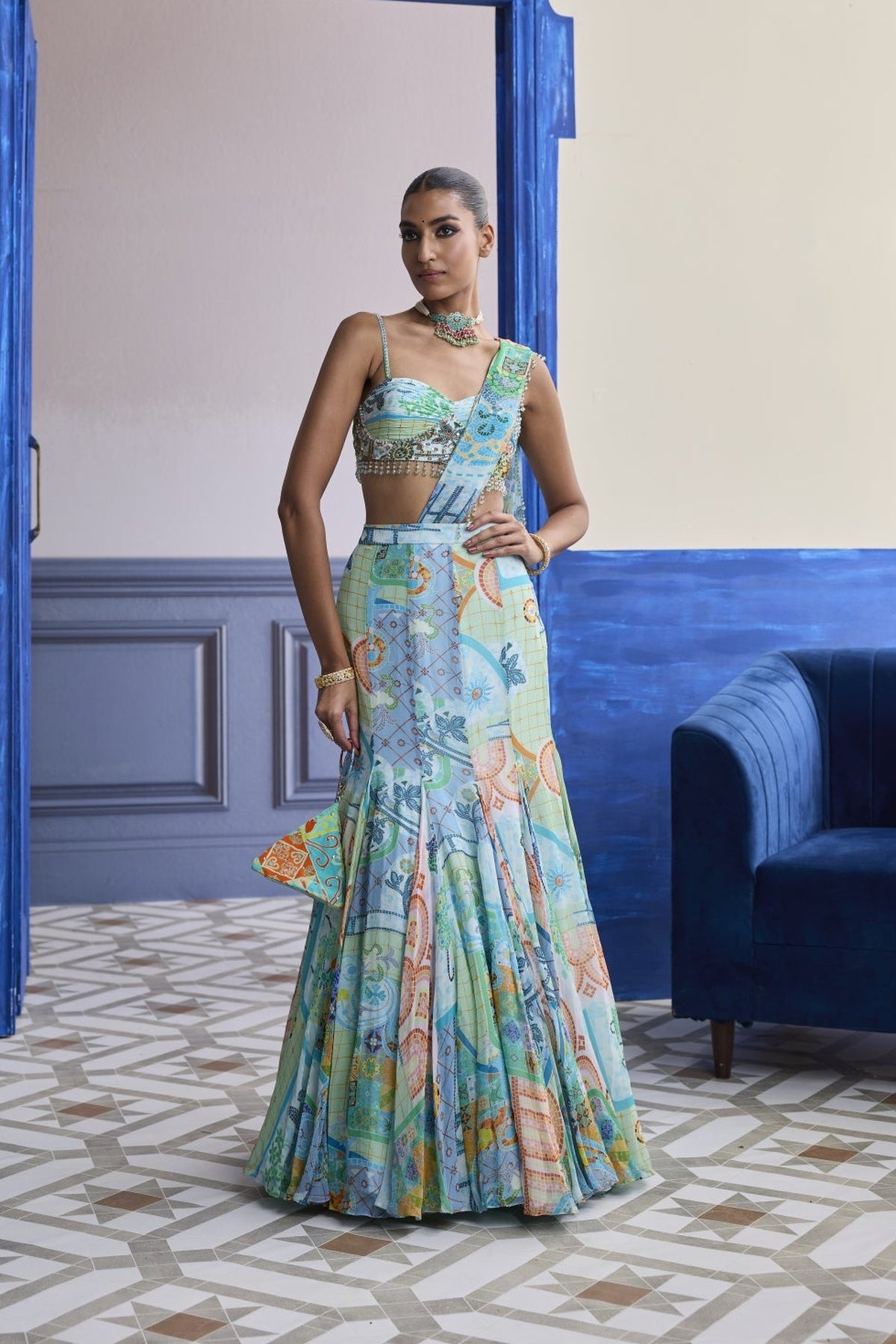 Aqua Blue Mosaic Ruched Blouse With Draped Mermaid Saree Set