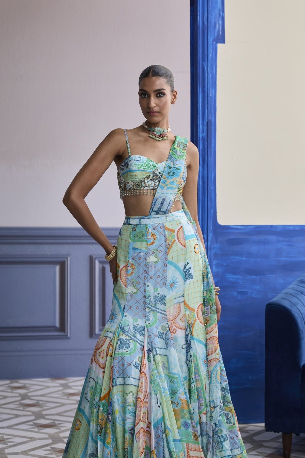 Aqua Blue Mosaic Ruched Blouse With Draped Mermaid Saree Set