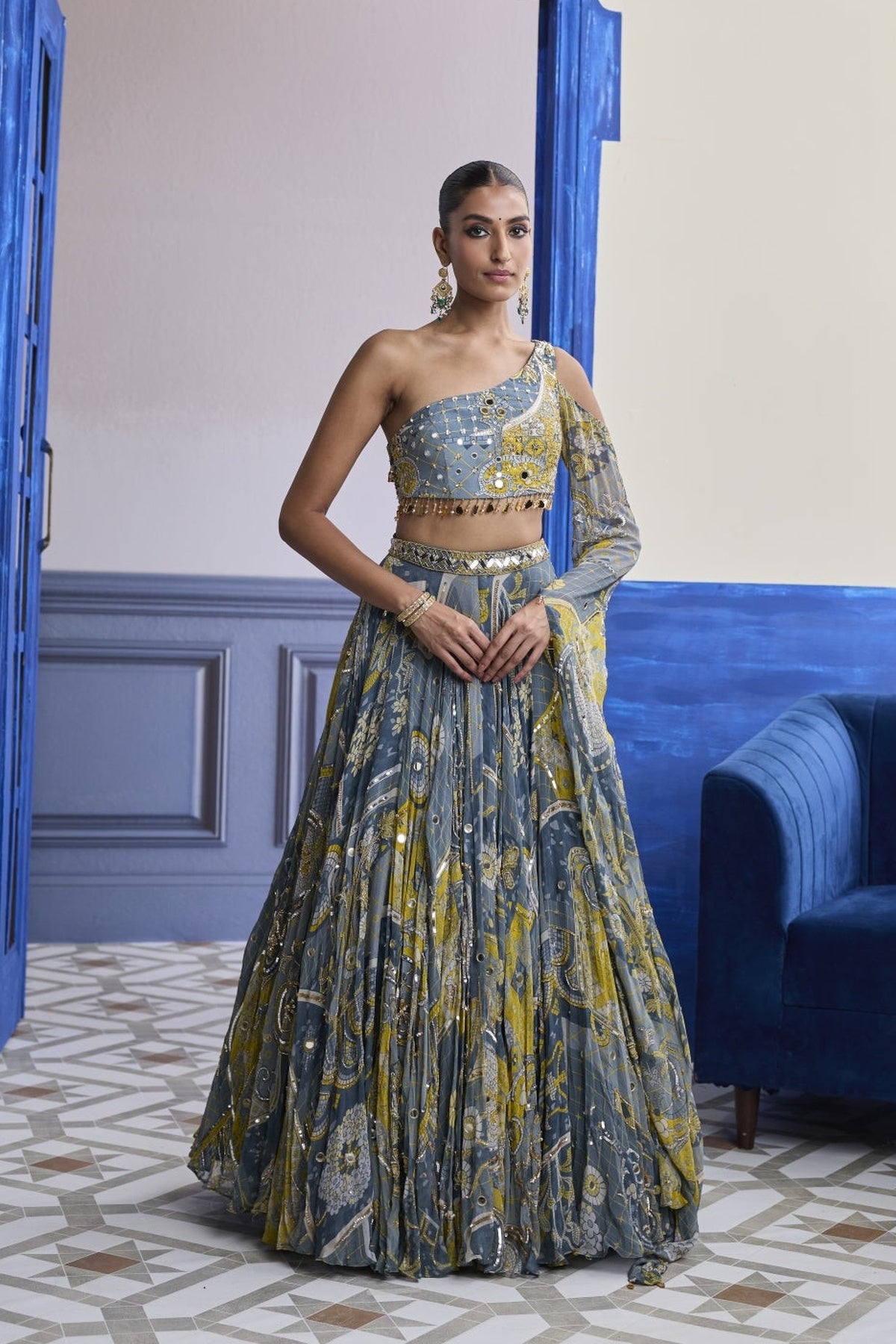 Grey Mosaic One-Shoulder Blouse With Flared Sleeves & Lehenga Set