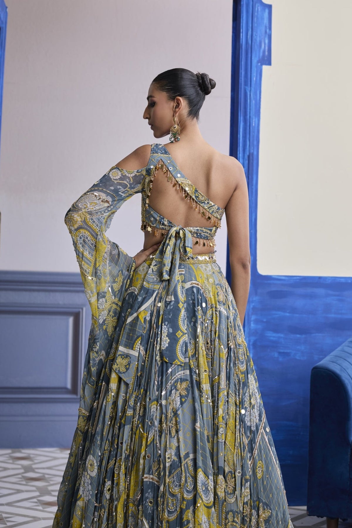 Grey Mosaic One-Shoulder Blouse With Flared Sleeves & Lehenga Set
