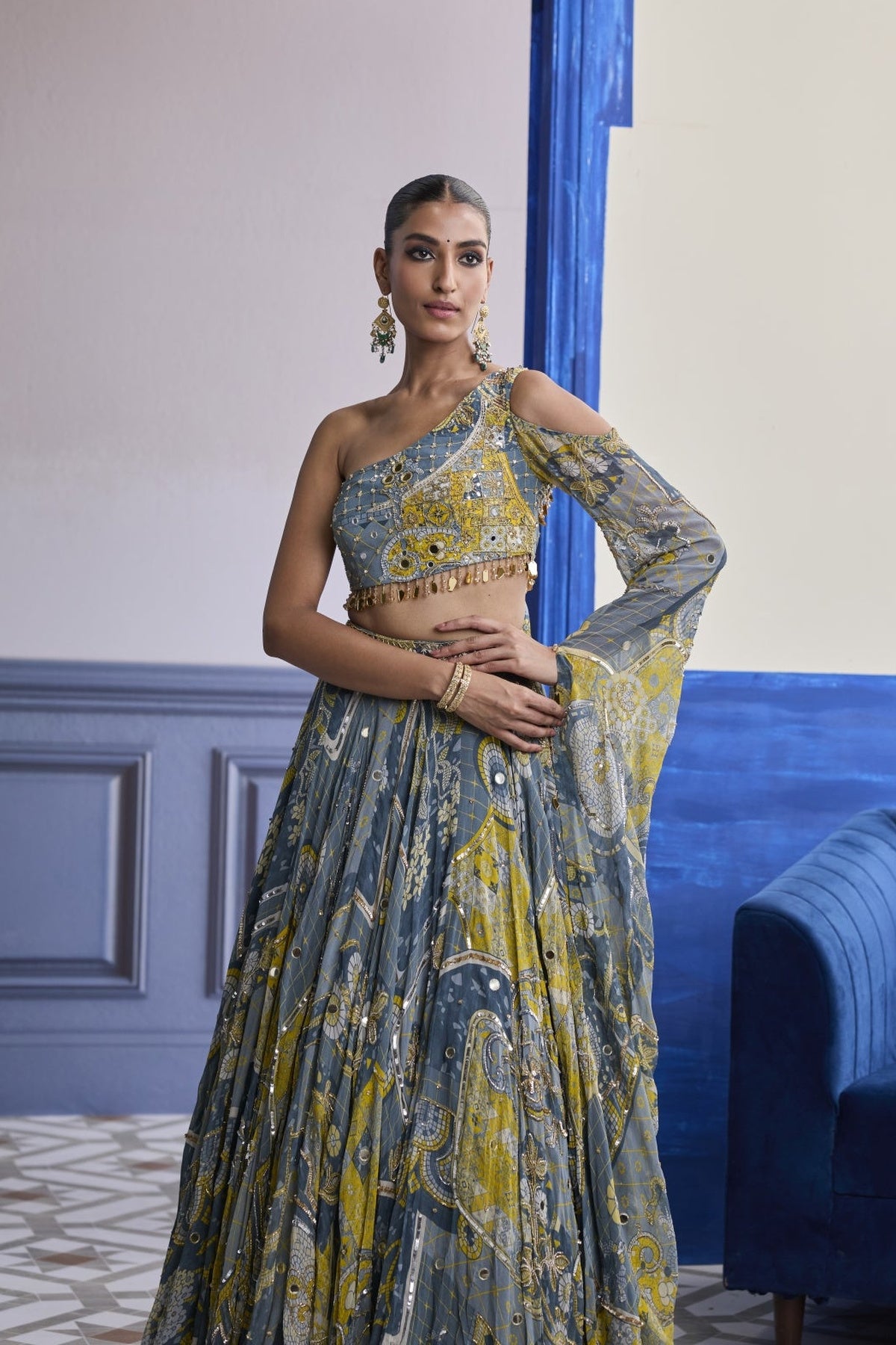 Grey Mosaic One-Shoulder Blouse With Flared Sleeves & Lehenga Set