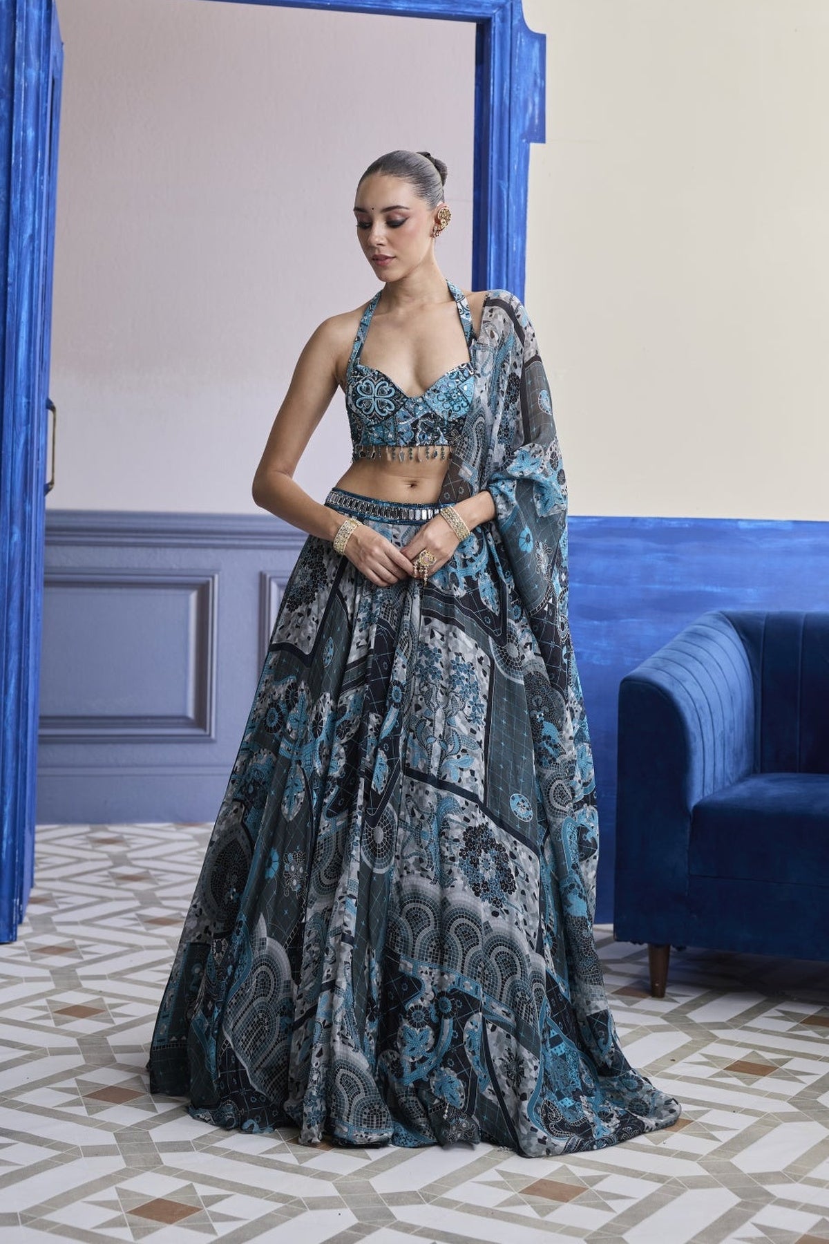 Teal & Black Mosaic Halter Blouse With Printed Lehenga & Dupatta Set