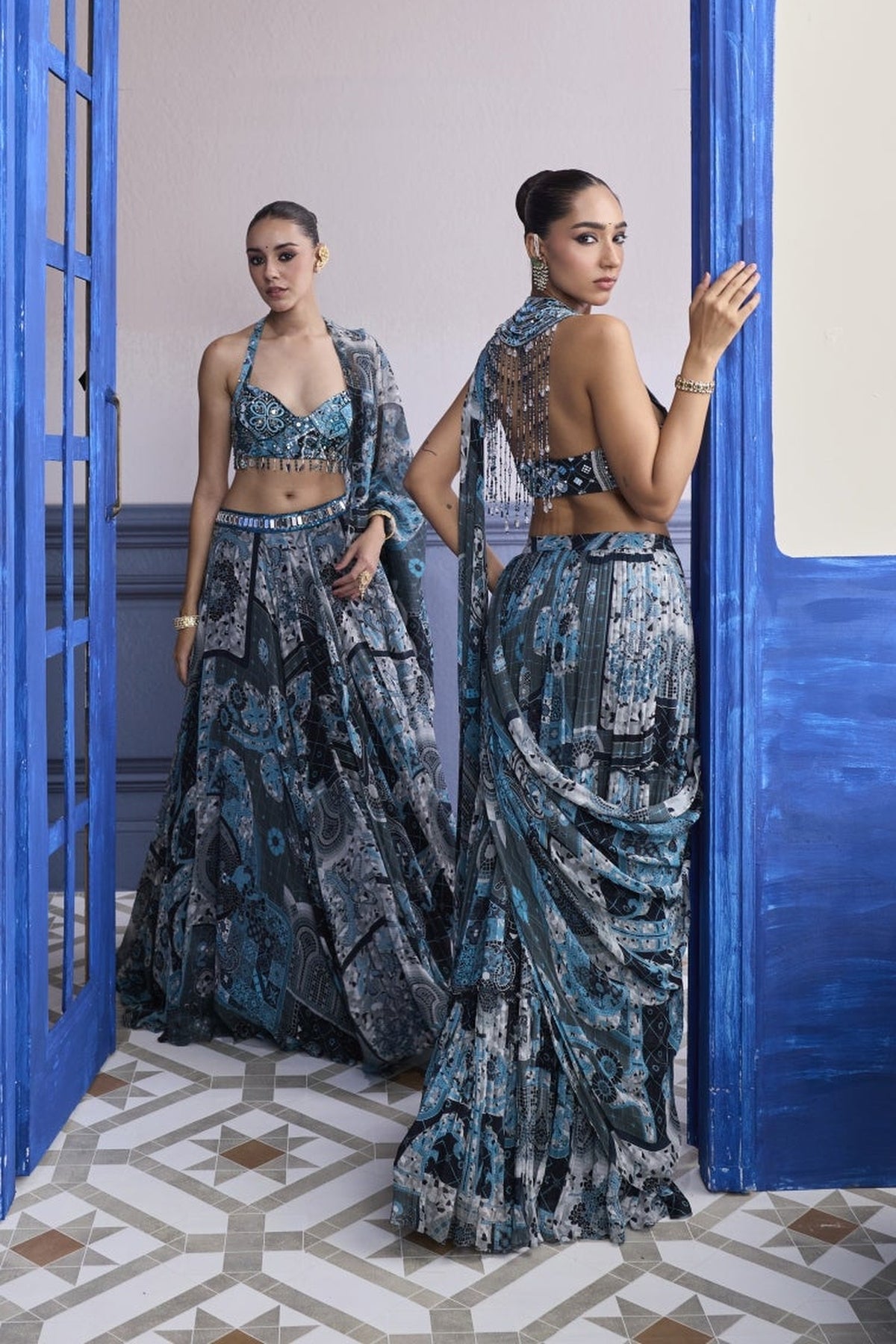 Teal & Black Mosaic Halter Blouse With Printed Lehenga & Dupatta Set