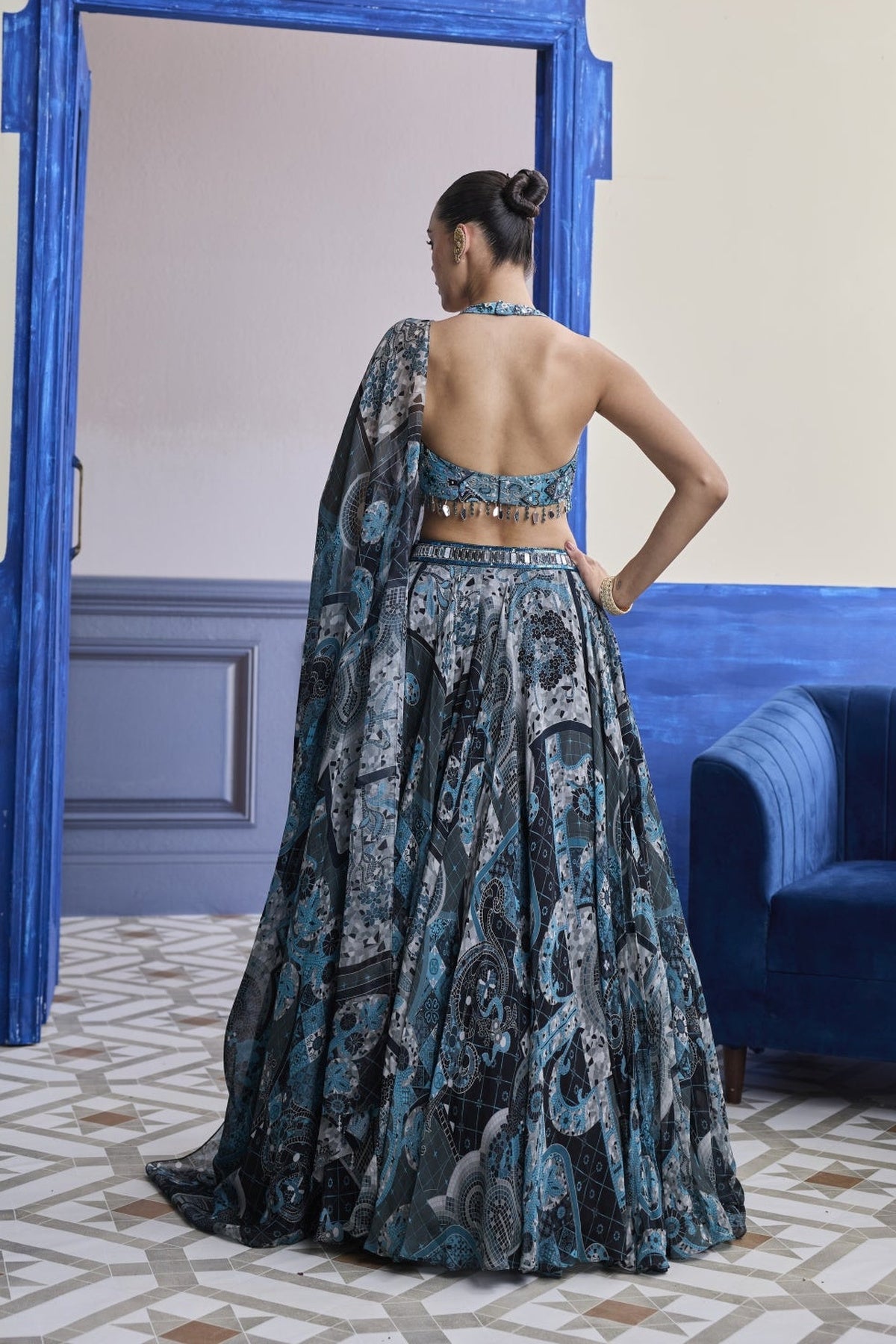 Teal & Black Mosaic Halter Blouse With Printed Lehenga & Dupatta Set