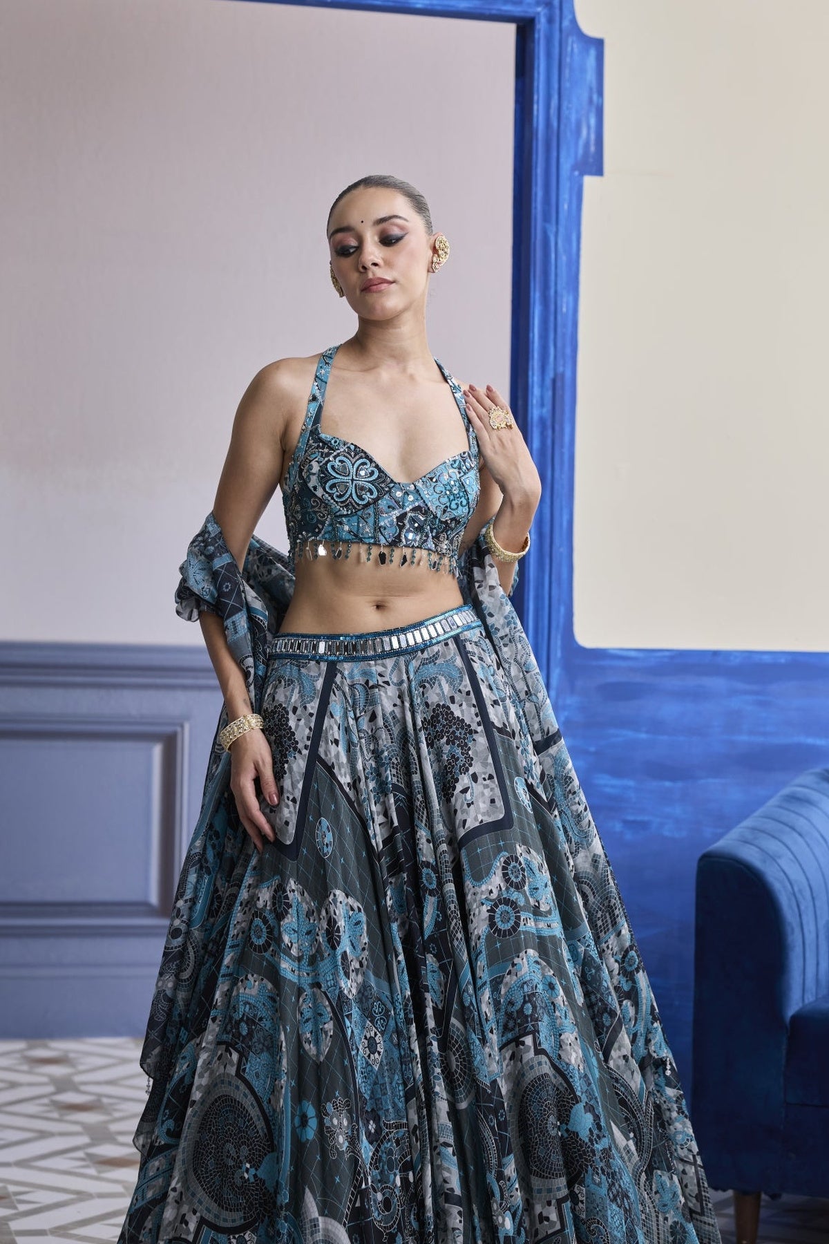 Teal & Black Mosaic Halter Blouse With Printed Lehenga & Dupatta Set