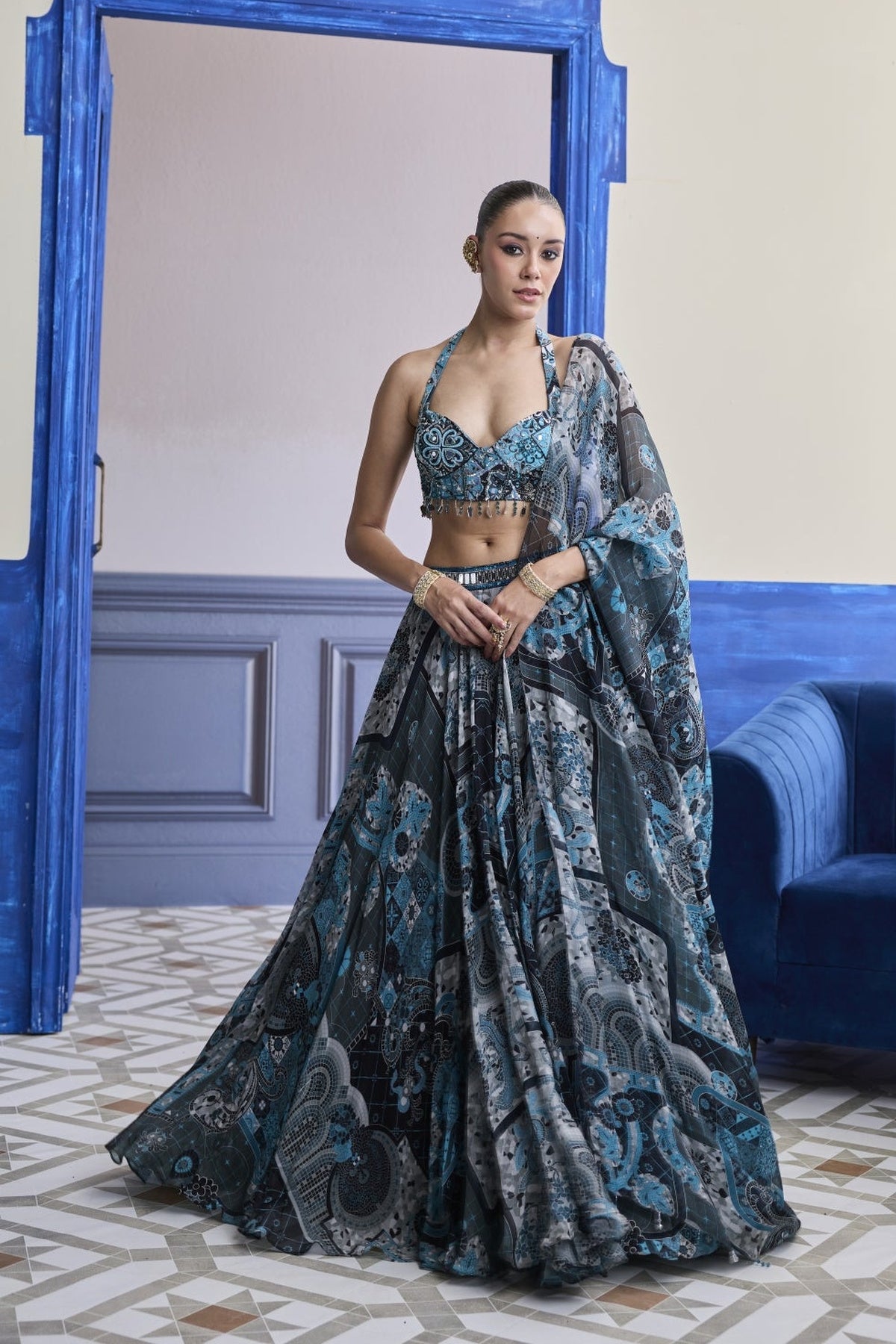 Teal & Black Mosaic Halter Blouse With Printed Lehenga & Dupatta Set