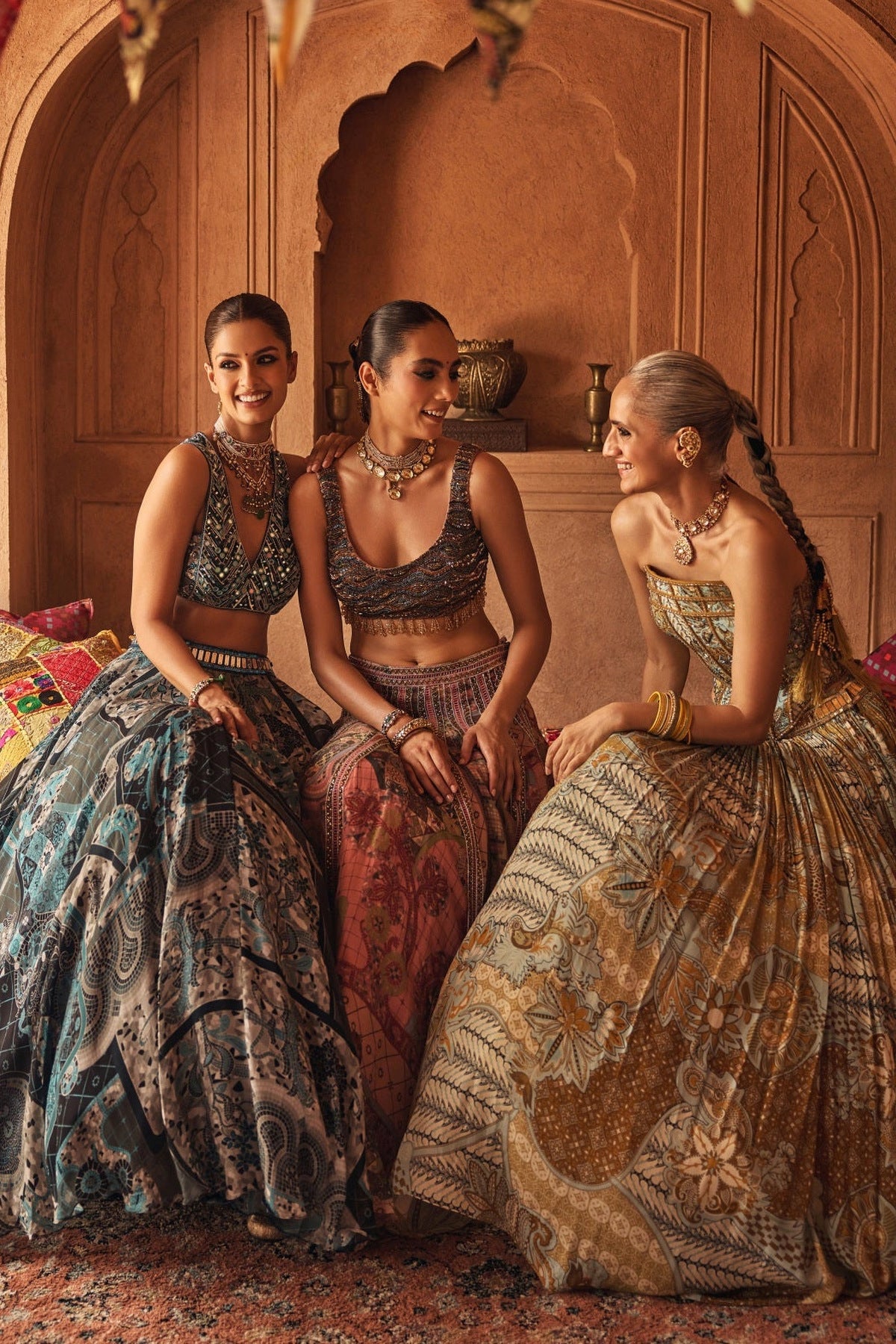 Teal & Black Embroidered Blouse With Printed Lehenga & Dupatta Set