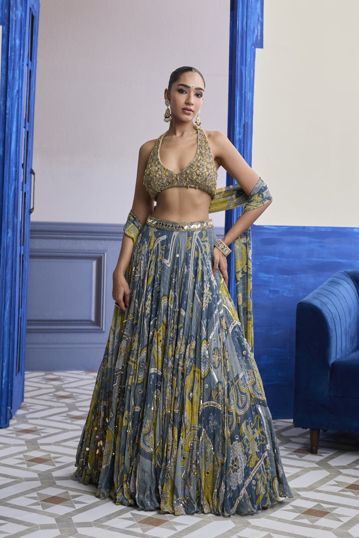 Grey & Yellow Embroidered Blouse With Highlighted Lehenga & Tassel Dupatta Set