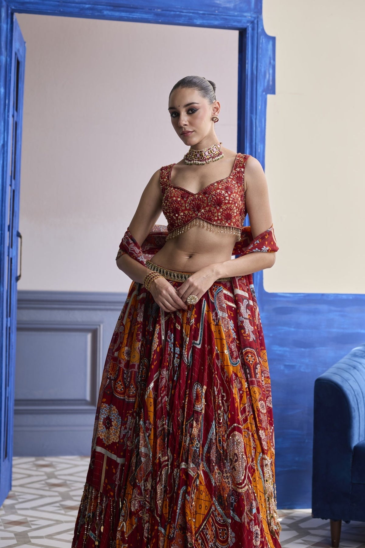 Rust Mosaic Sweetheart Blouse With Lehenga & Tassel Dupatta Set