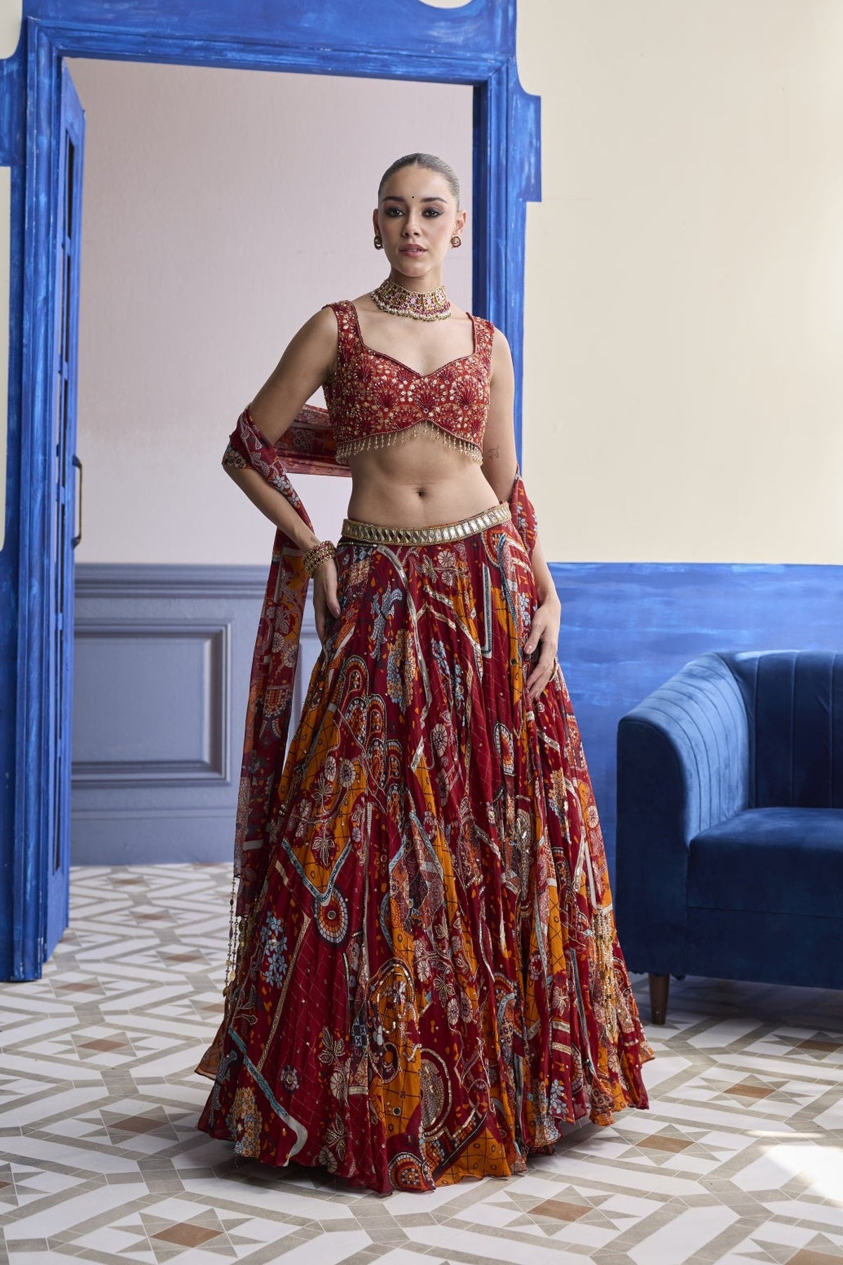 Rust Mosaic Sweetheart Blouse With Lehenga & Tassel Dupatta Set